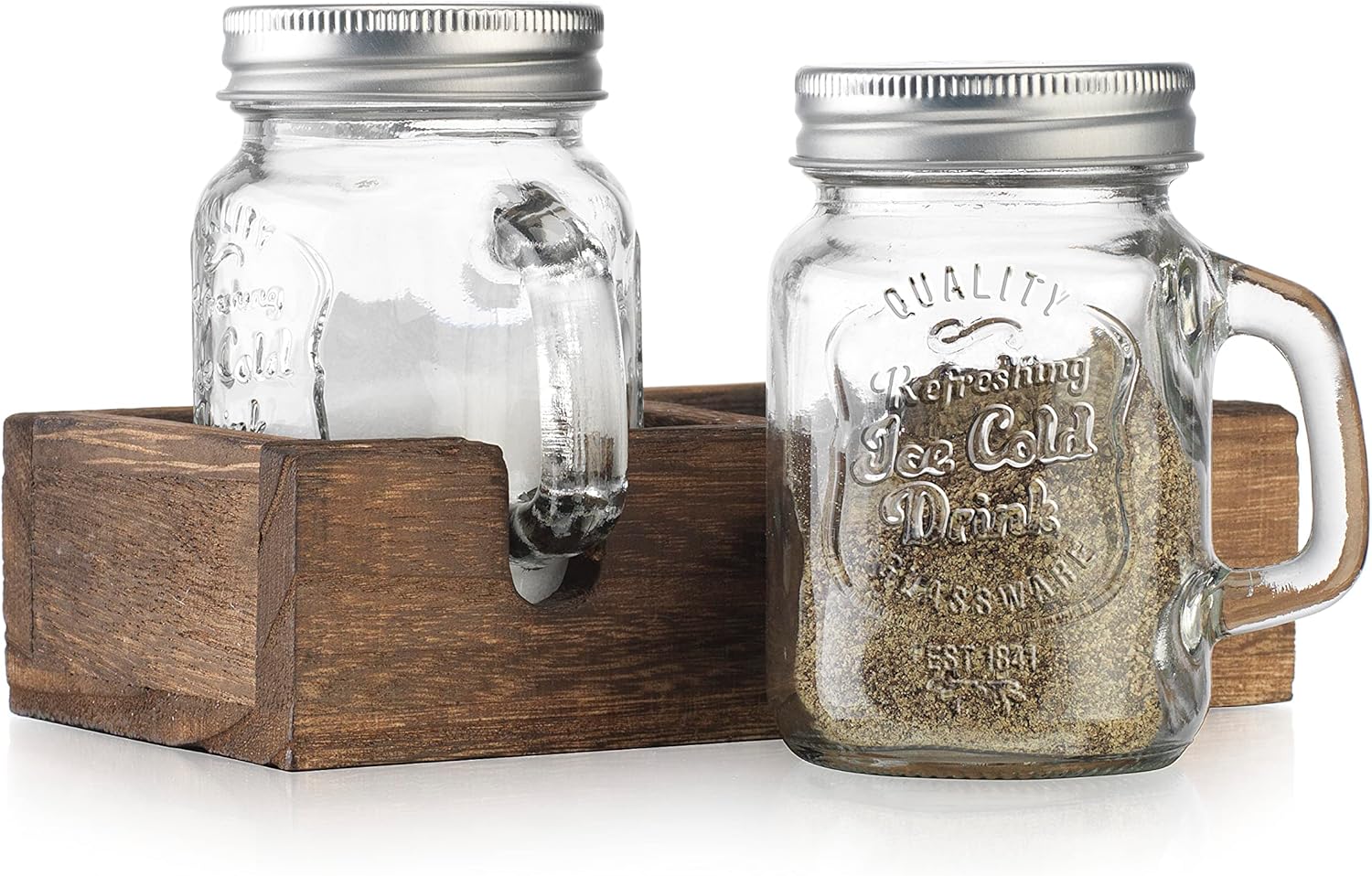Mason Jar Salt and Pepper Shakers – Vintage Glass Condiment Dispenser Set with Wooden Holder Caddy – Farmhouse Kitchen Decor, Easy Refill 5-ounce Capacity with Stainless Steel Lids