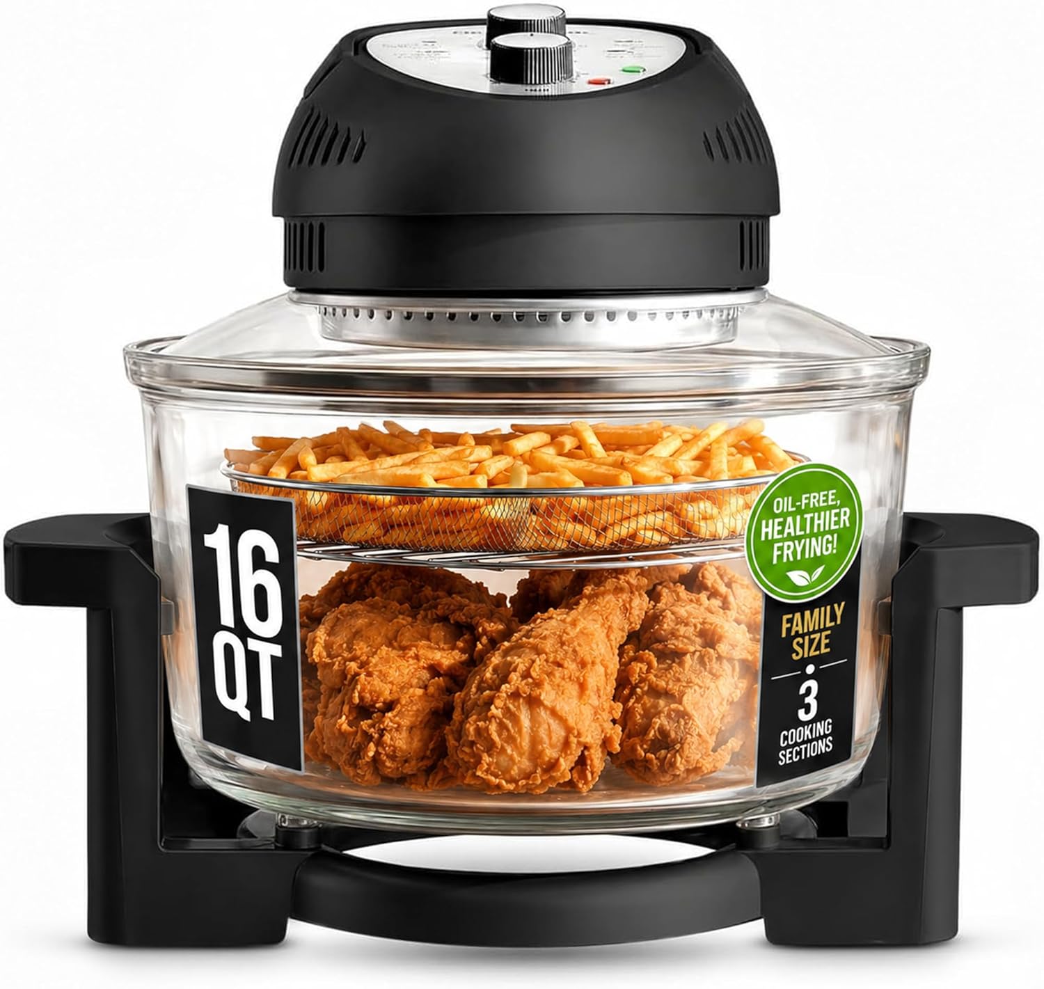 Granitestone 16 Qt Large Glass Air Fryer Non Toxic, Black | PFOA/PTFE/BPA Free, Large Family Sized Airfryer Cooker with 3 Cooking Sections, No Preheat, Self Cleaning, Dishwasher Safe