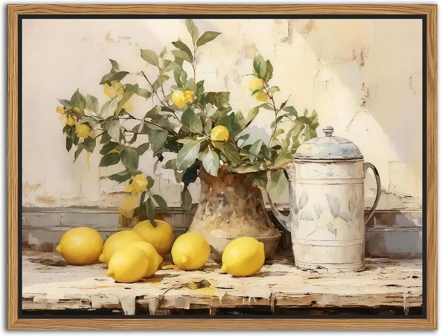 Floating Framed Vintage Kitchen Wall Art, Yellow Lemon Still Life Wall Decor Oil Paintings, Rustic Farmhouse Artwork Canvas Posters Prints Pictures for Living Room Bedroom Home Decor 12×16 Inch