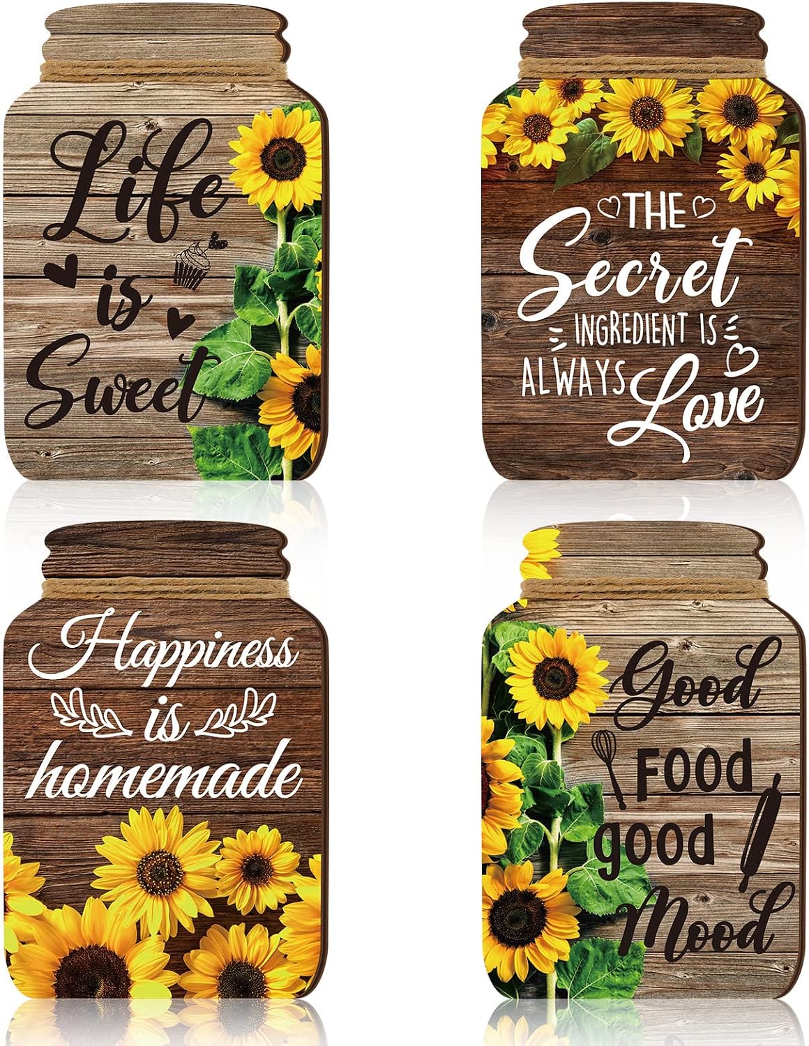 4 Pcs Sunflower Kitchen Wall Decor Mason Jar Set Wooden Rustic Home Decor Inspirational Kitchen Hanging Farmhouse Wall Signs for Home decoration