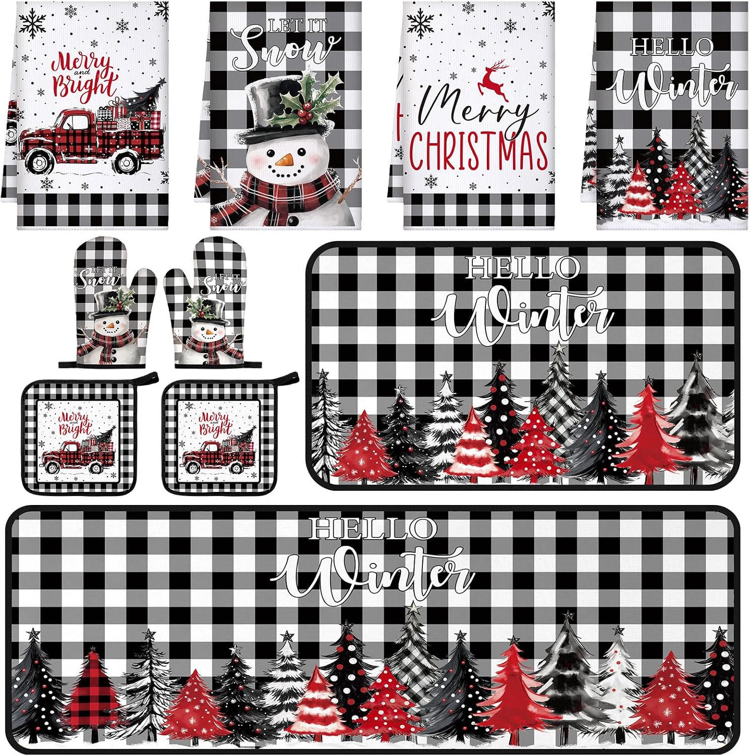 10 Pcs Christmas Kitchen Decor Sets, 4 White and Black Plaid Kitchen Dish Towels 2 Farmhouse Pot Holders 2 Buffalo Check Oven Mitts Glove Rustic Non Slip Rugs and Mats for Home Decorations Mom Gifts