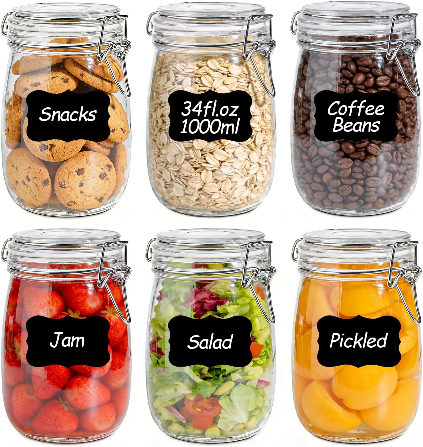 34oz 6 Pack Glass Jars with Airtight Lids – Round Food Storage Canisters for Pantry Organization, Ideal for Sugar, Cookies, Candy, Coffee, Nuts & Dry Goods | Thick Glass,BPA-Free