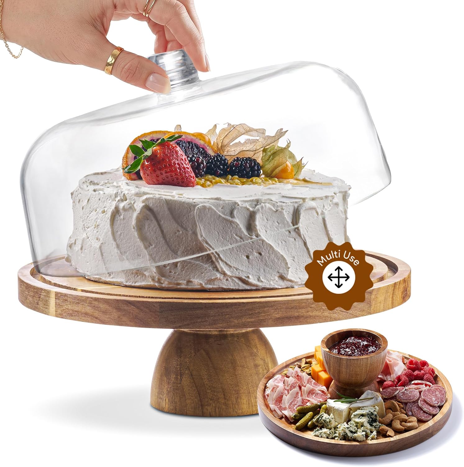 HOMESPHERE Acacia Wood Cake Stand with Lid – Cake Stand with Dome,12in Round Cake Holder, 2-in-1 Dessert Table Display Set & Charcuterie Board for Cheese, Chips & Dips, Fruit Platter, Large Acrylic Cake Dome Cover