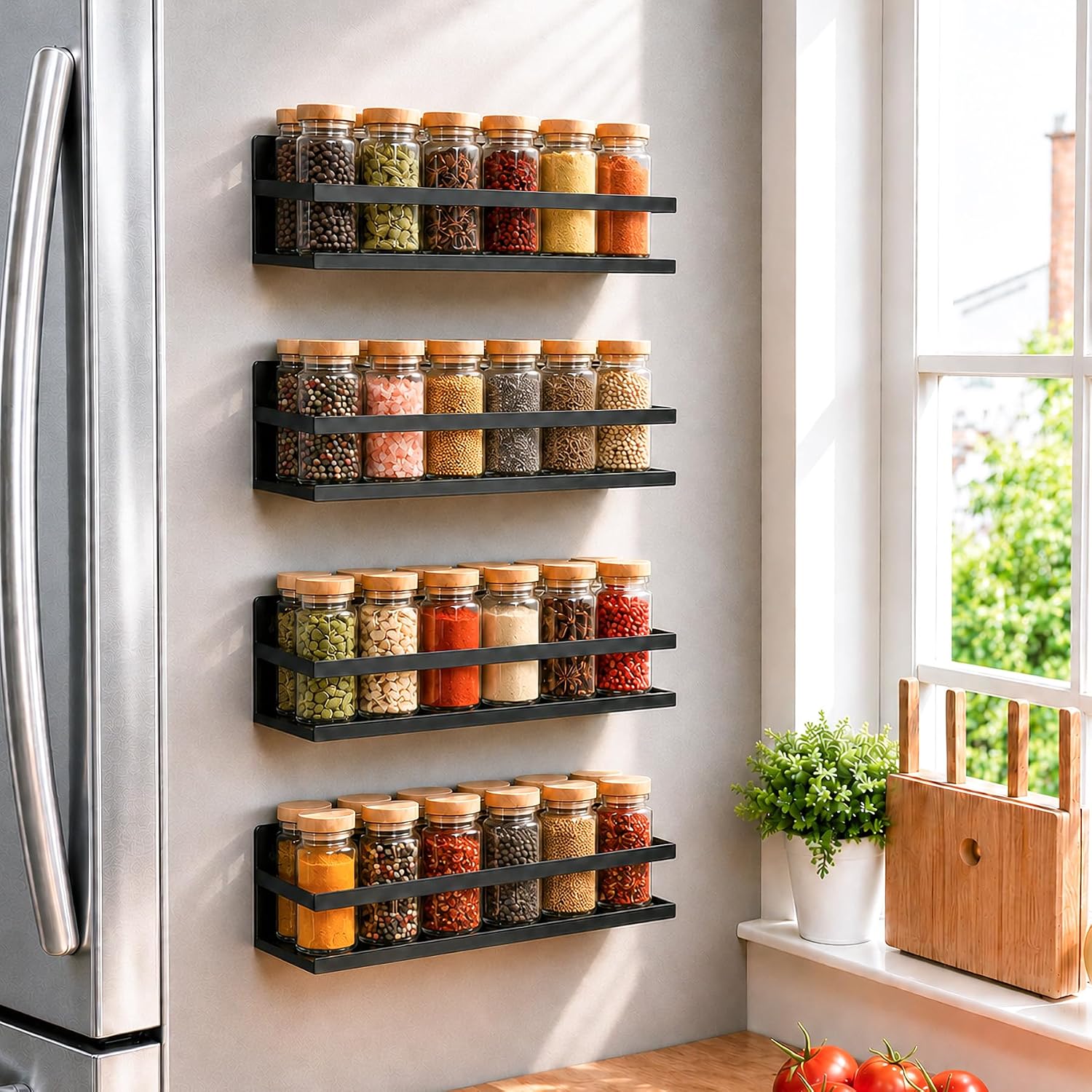 SMRCAD Metal Magnetic Spice Rack 4-Pack – Heavy-Duty, Rust-Resistant | Iron construction, dust-resistant, 4″ deep, fits condiment bottles, includes screws for optional wall mount