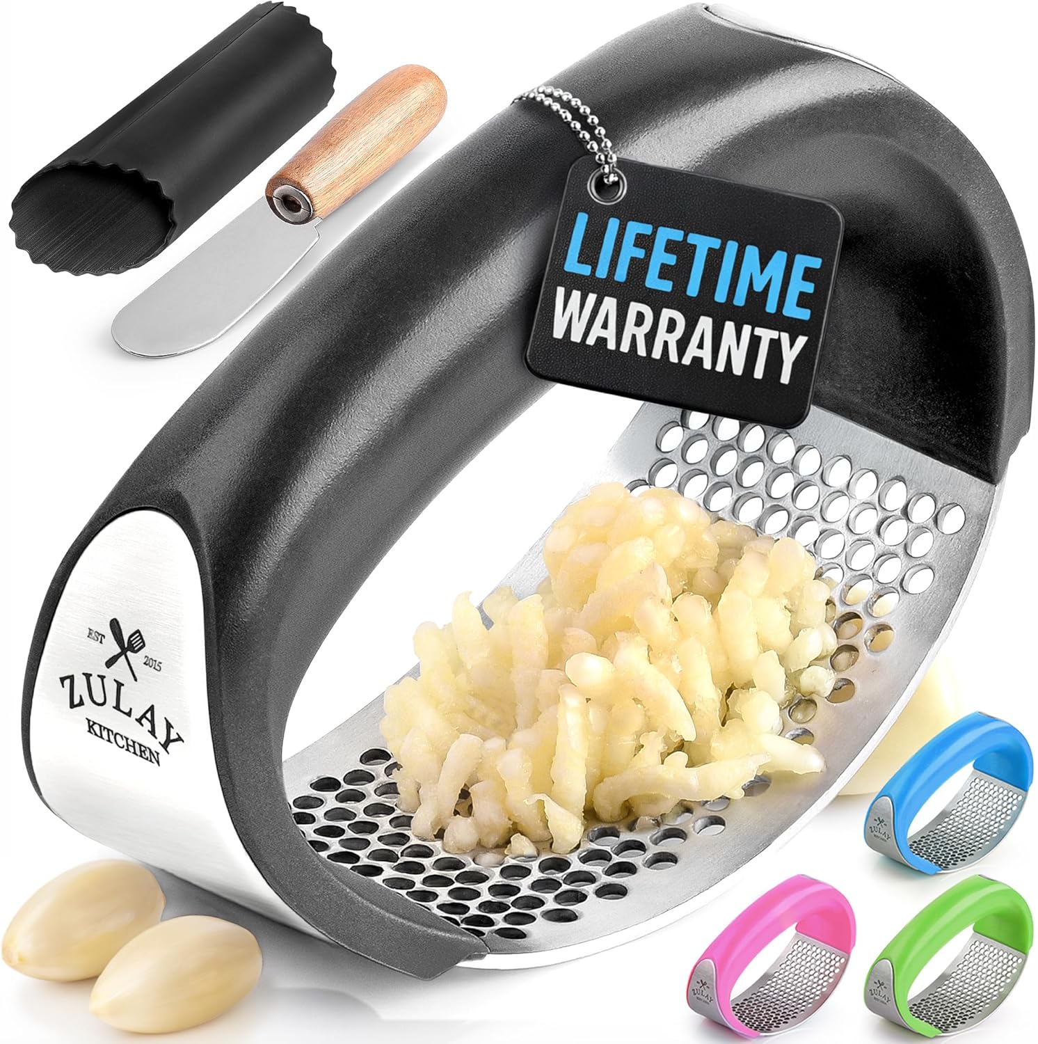 Zulay Kitchen Stainless Steel Garlic Press Rocker Set – Premium Garlic Mincer Garlic Crusher – New Innovative Garlic Crusher with Peeler and Scraper – Comfortable Grip (Black)