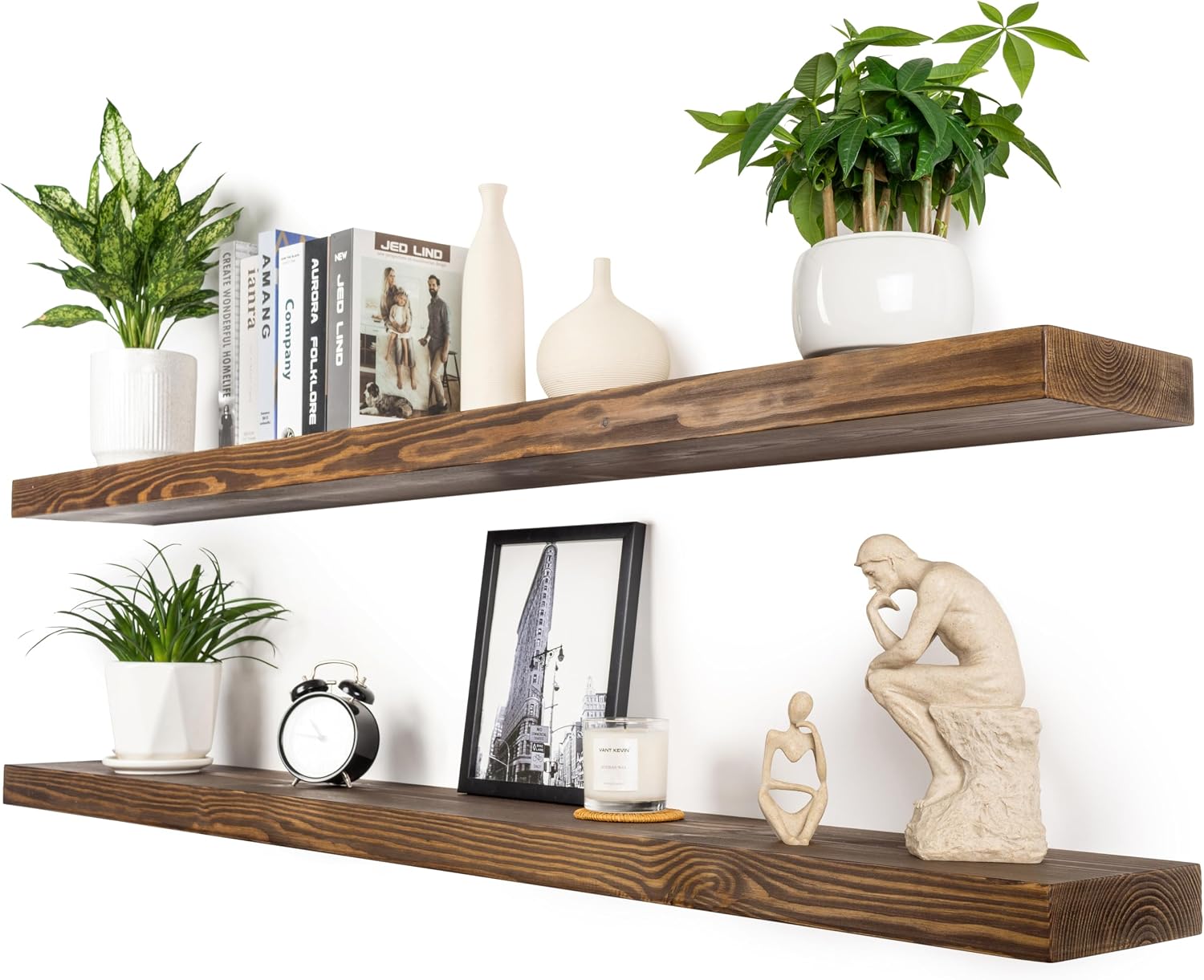 60 Inch Floating Shelves,8-Inch Deep High-End Solid Wood Long Floating Shelves for wall Set of 2, Rustic Walnut Wall Shelves for Bedroom Kitchen &Living Room, with Sturdy Hidden Bracket, Walnut