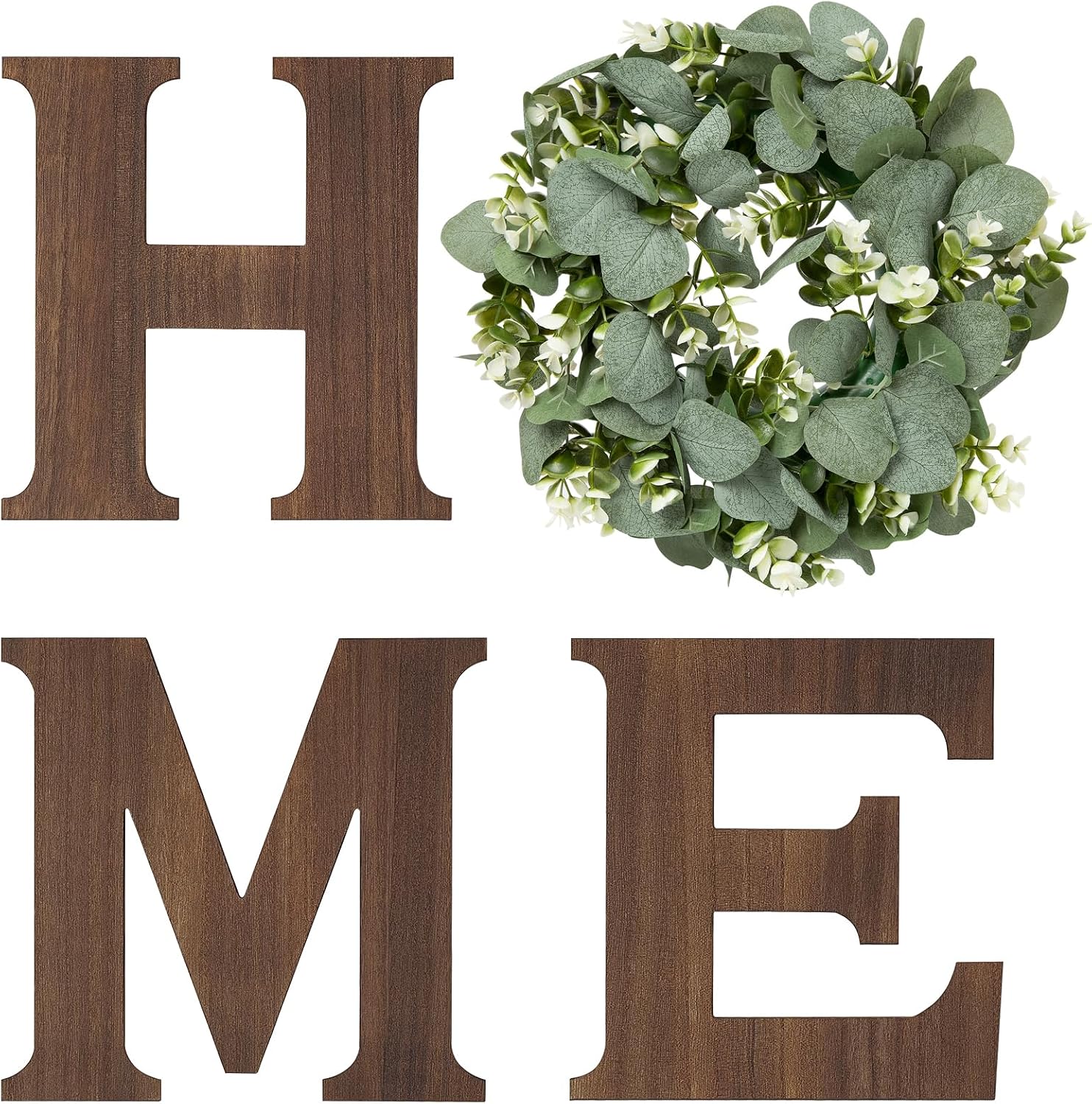 Mkono Farmhouse Wall Home Sign with Artificial Eucalyptus for O Rustic Wooden Hanging Letters Decorative Wall Art Decor for Living Room Kitchen Entryway Housewarming Gift, Brown