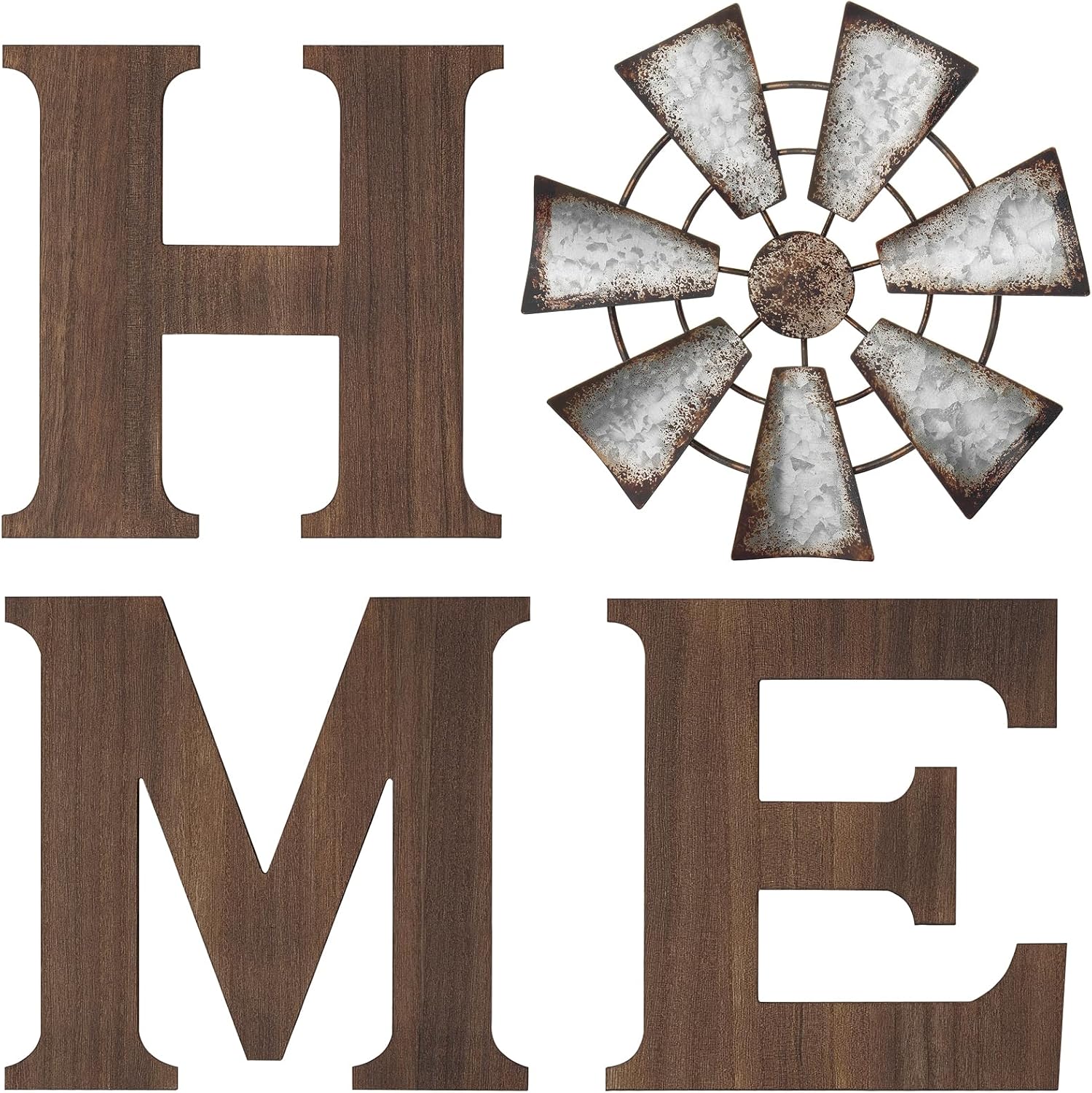 Mkono Farmhouse Wall Decor Wooden Home Sign with Metal Windmill for O Rustic Hanging Letters Decorative Art Signs Living Room Kitchen Bedroom Entryway House, Brown