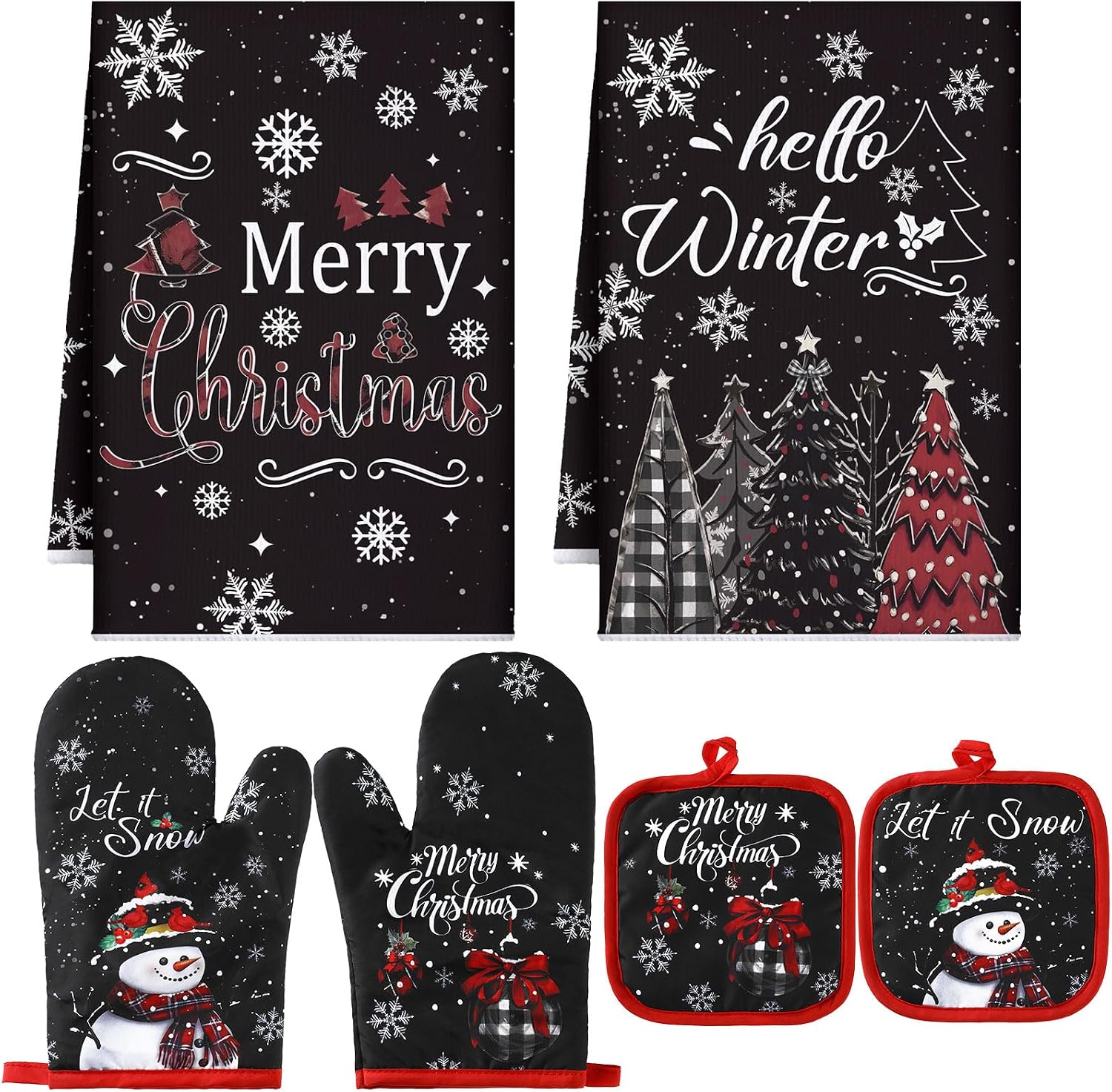 Jingmore 6 Pcs Kitchen Decor Accessory Farmhouse Kitchen Towels Pot Holders Oven Mitts Set 2 Dish Towels 2 Pot Holders 2 Cooking Mittens Oven Glove for Cooking(Christmas Snowflakes Style,Black)