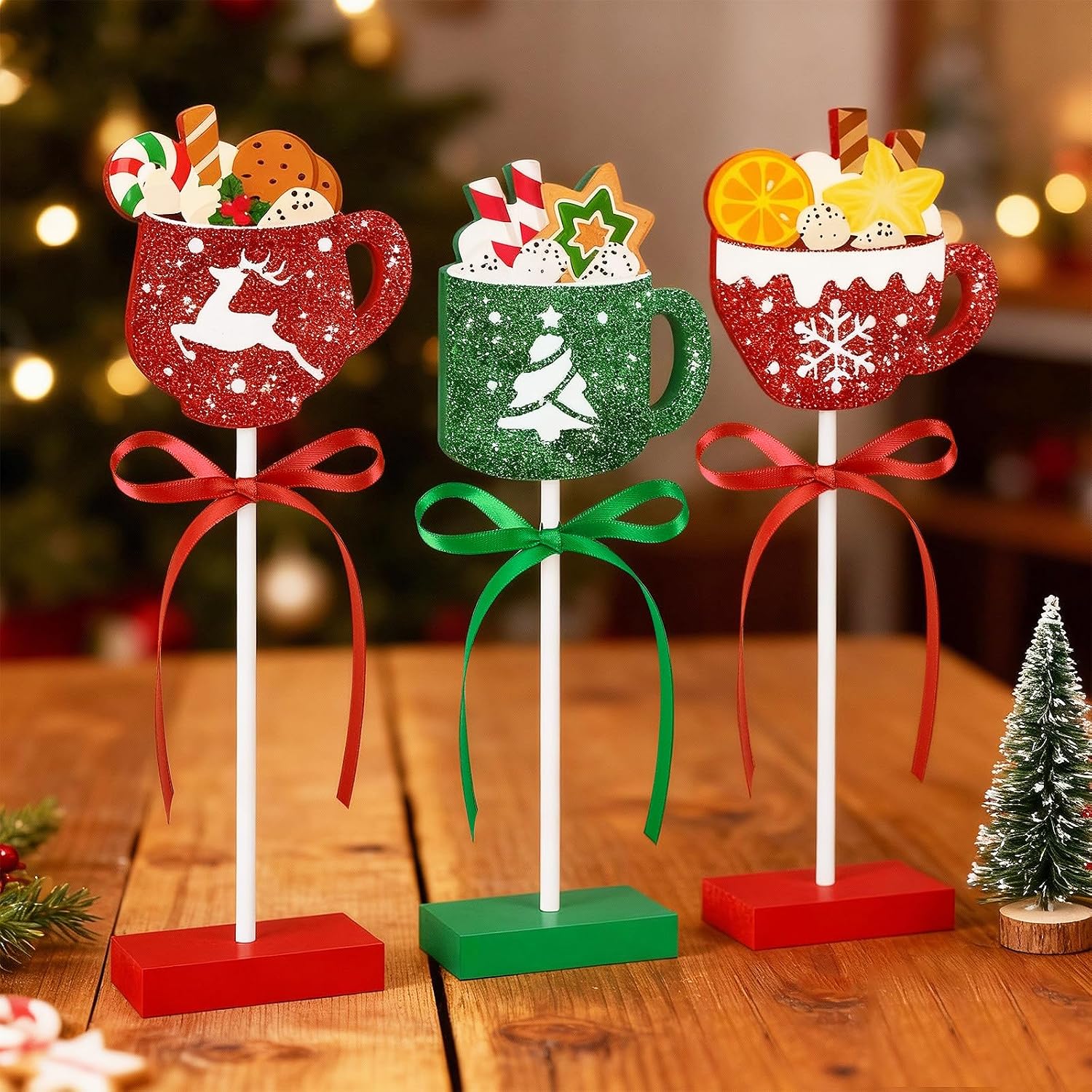 3 Pieces Christmas Table Decorations Wooden Coffee Cup Set, Red and Green Christmas Tiered Tray Decor for Home Office Kitchen Tables (Coffee Cup)