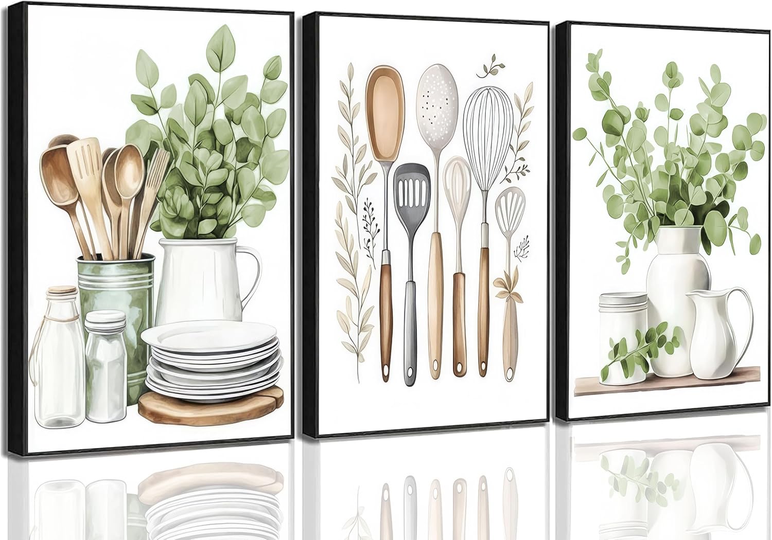 3 Pcs Sage Green Farmhouse Kitchen Canvas Wall Art Minimalist Dining Room Eucalyptus leaves plant Painting Pictures Wall Decor Poster Print Artwork For Dining Room kitchen Home Decoration Unframed