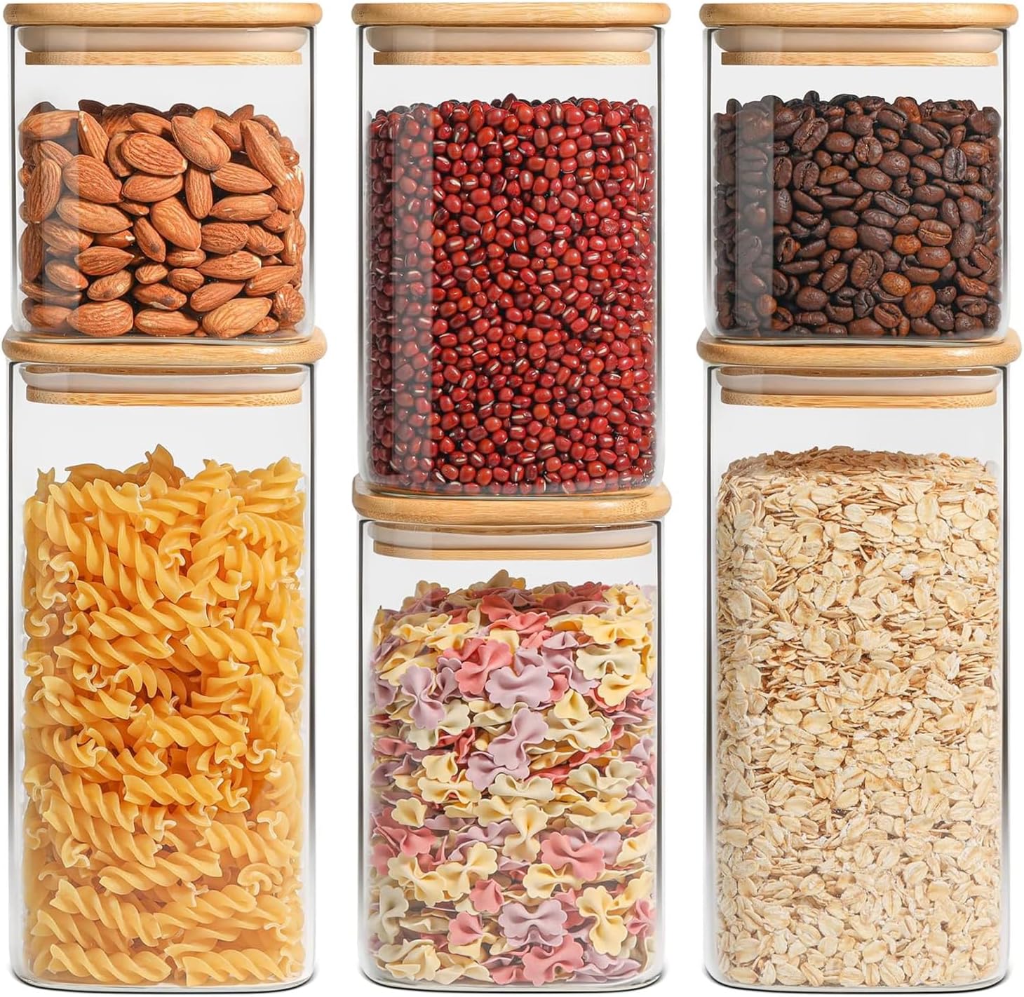 ComSaf Glass Pantry Storage Containers (0.7Qt/1.2Qt/1.6Qt) Set of 6, Glass Storage Containers with Lids, Kitchen Food Storage Jar, Square Glass Jars for Flour Cereal Sugar Tea Coffee Beans Snacks