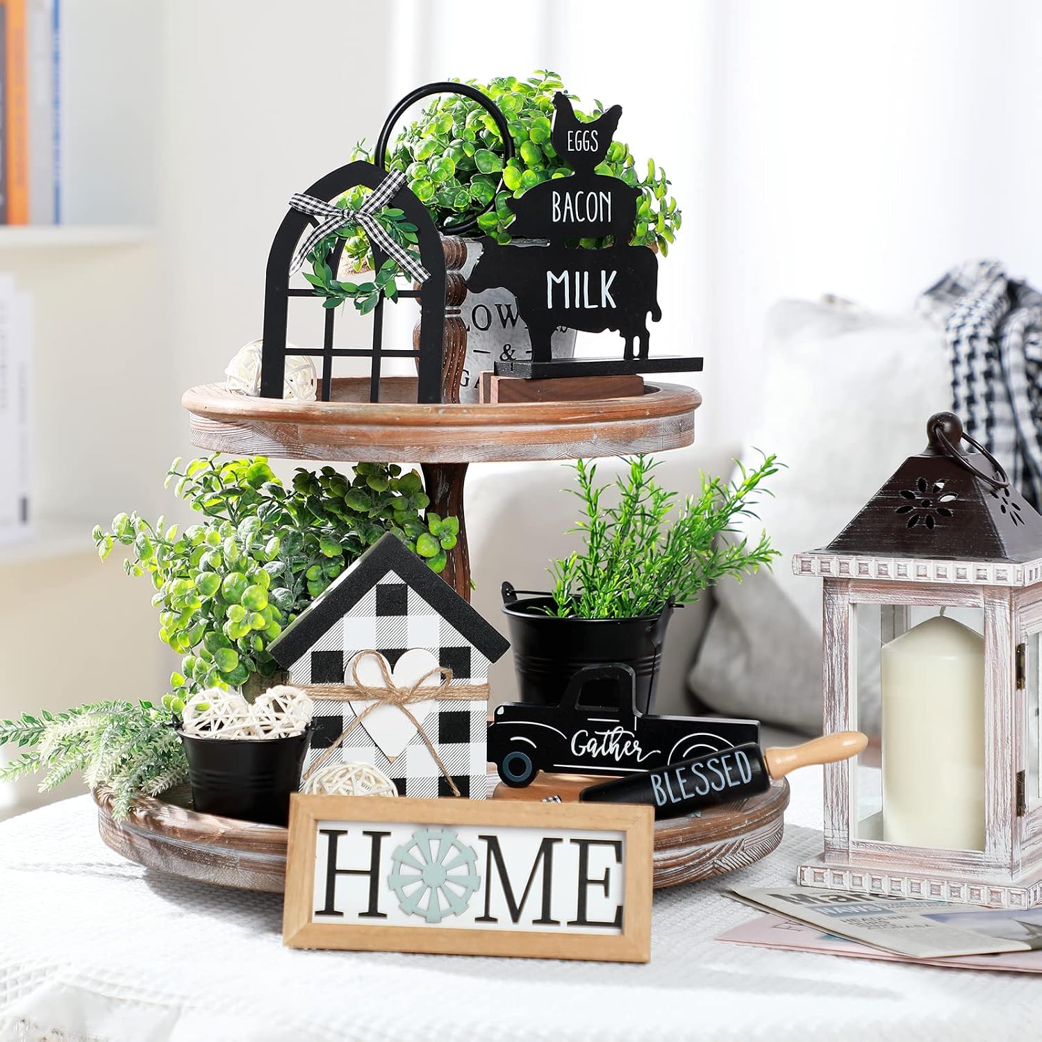 Yulejo 7 Pcs Farmhouse Tiered Tray Decor Buffalo Plaid Rustic Farmhouse Sweet Home Signs Double Printed Artificial Wooden Plant Tiered Tray Decorations for Kitchen Home Table Centerpiece Decor