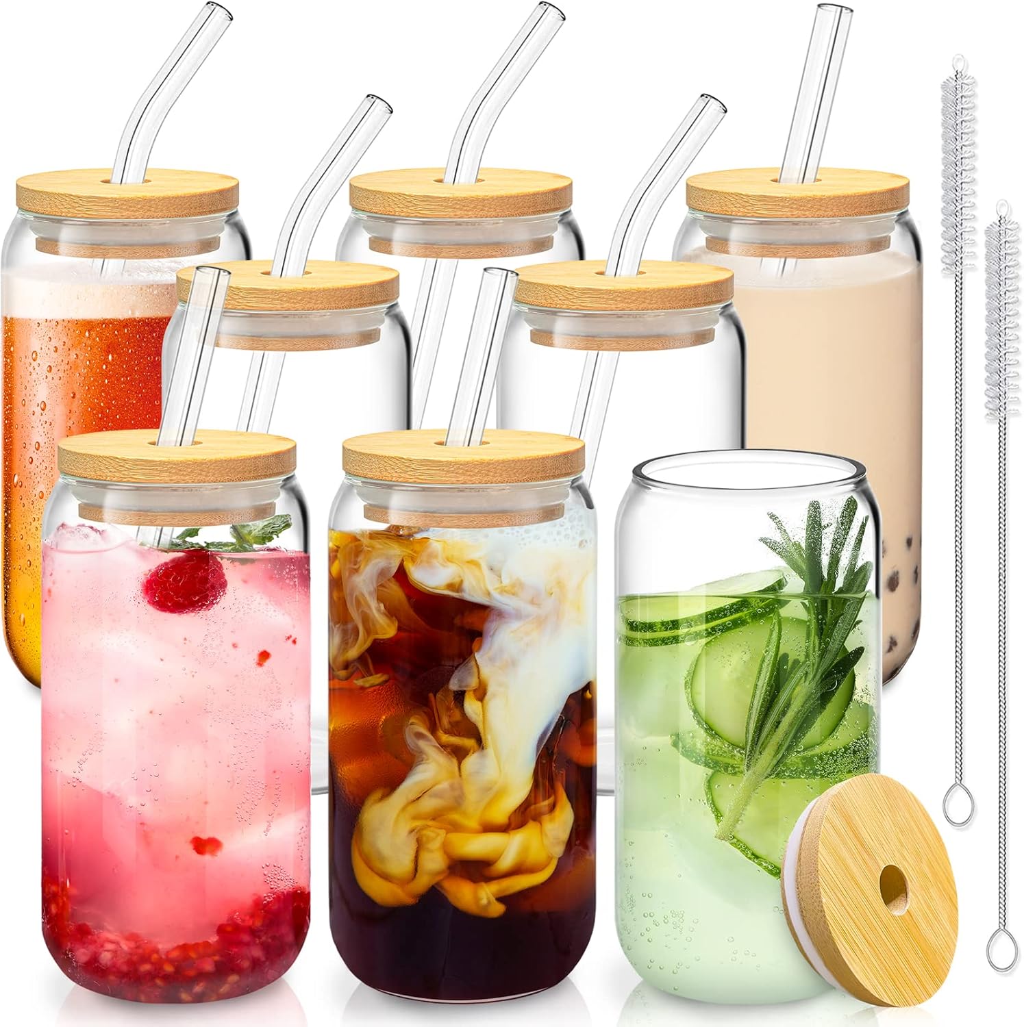 SENTVEND 16 Oz Drinking Glasses with Bamboo Lids and Glass Straw – 8 Pcs Glass Cups Beer Ice Coffee Glasses Cute Aesthetic Cup Great for Coffee Bar Accessories Include 2 Cleaning Brushes