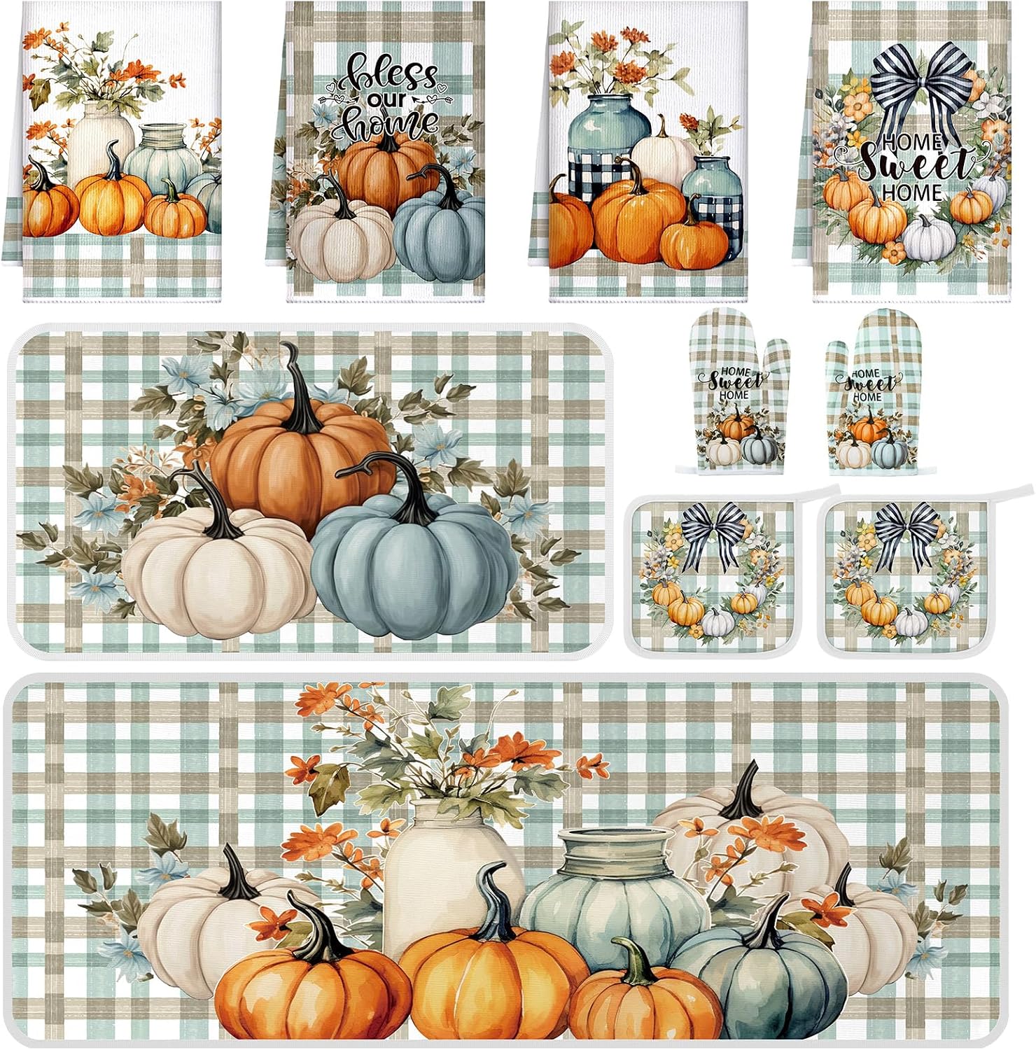 Fourluoo 10 Pcs Fall Pumpkin Kitchen Decor Set Thanksgiving Oven Mitts and Pot Holders Set Pumpkin Dish Towels Fall Kitchen Rug and Mats for Autumn Chef Baking Cooking Grilling BBQ Women Mom Gift