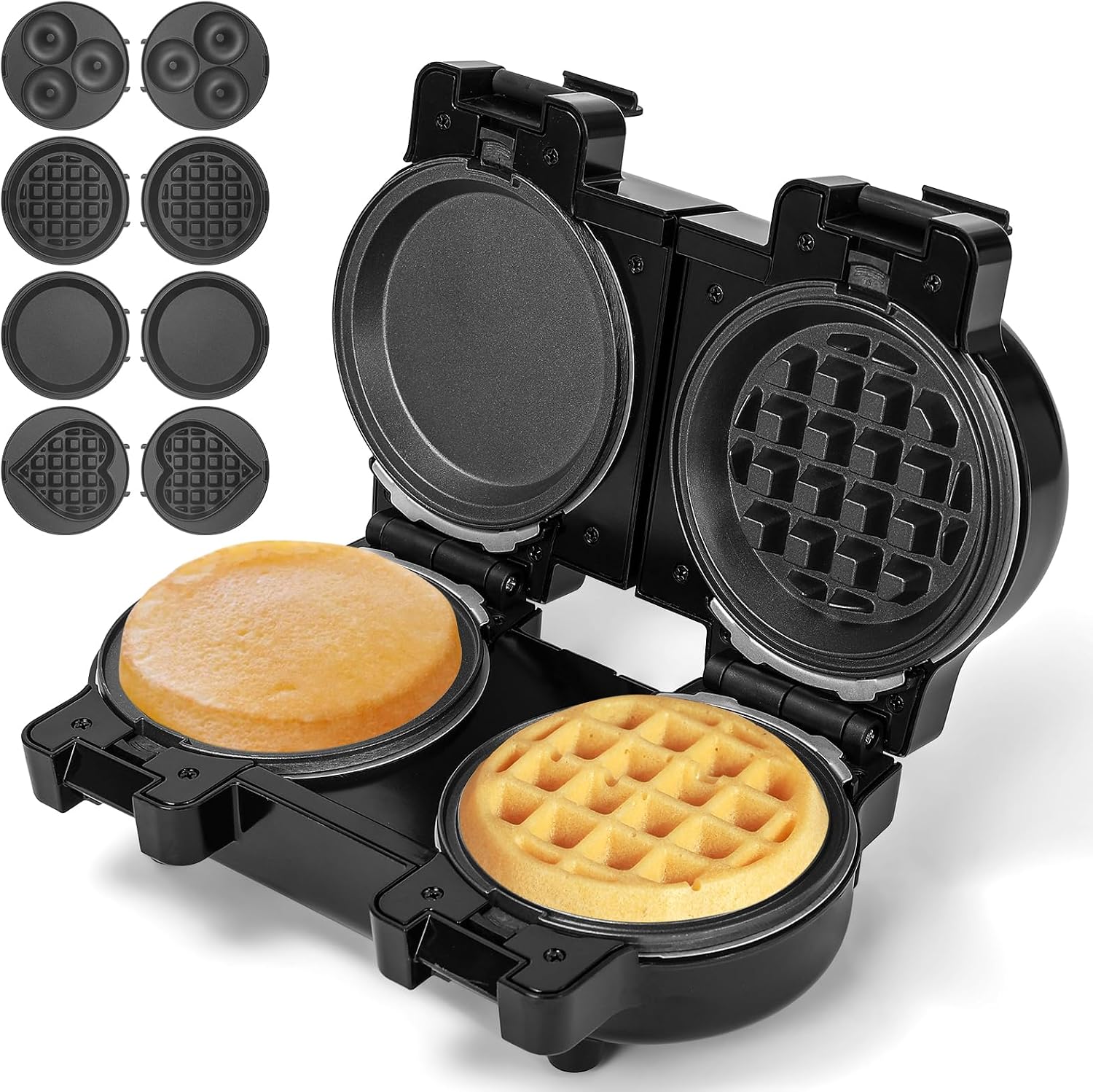 UVFAST Mini Waffles Maker with 8 Removable Plates, 4 in 1 Double Small Waffle Maker Mini- Classic Waffle, Heart Waffle, Griddle, Donut, 5″ Non Stick Waffle Iron for Families, Black