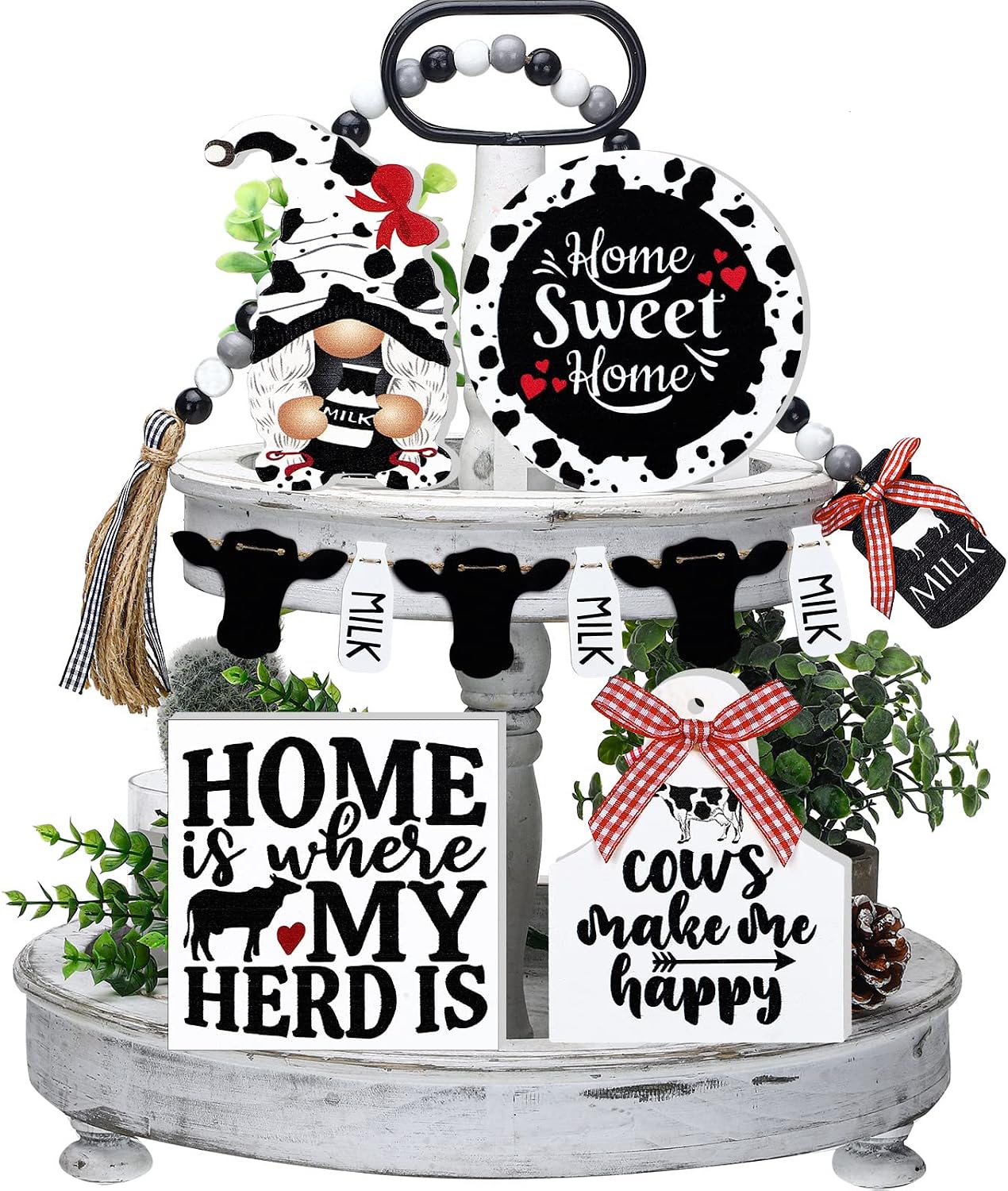 Yulejo 6 Pcs Farmhouse Tiered Tray Decor Bundle – Rustic Farmhouse Mini Rolling Pins & Beaded Garland – Home Kitchen Shelf (Cow Style)