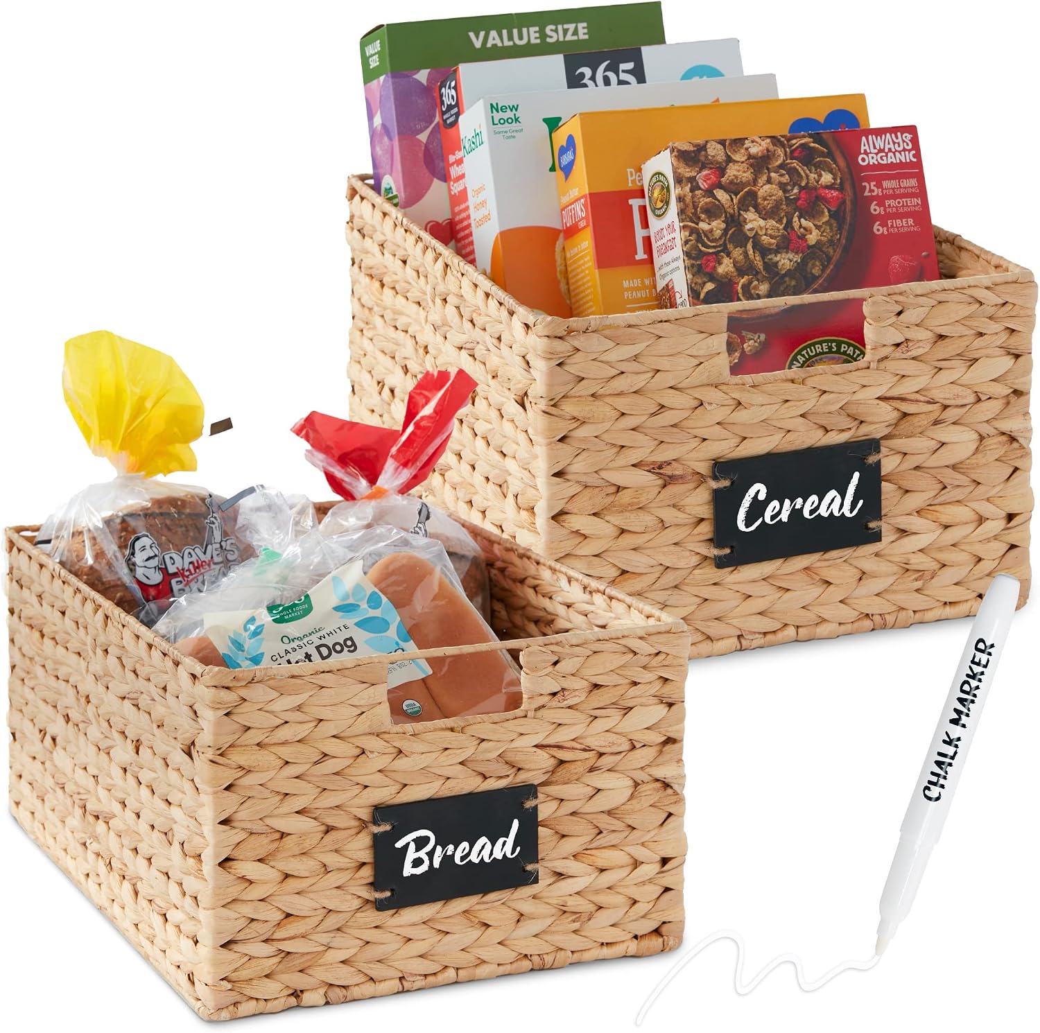 Best Choice Products Pantry Baskets Set of 2 16x12in Water Hyacinth Storage Baskets, Woven Wicker Kitchen Organizers with handles w/Chalkboard Label Chalk Marker – Natural