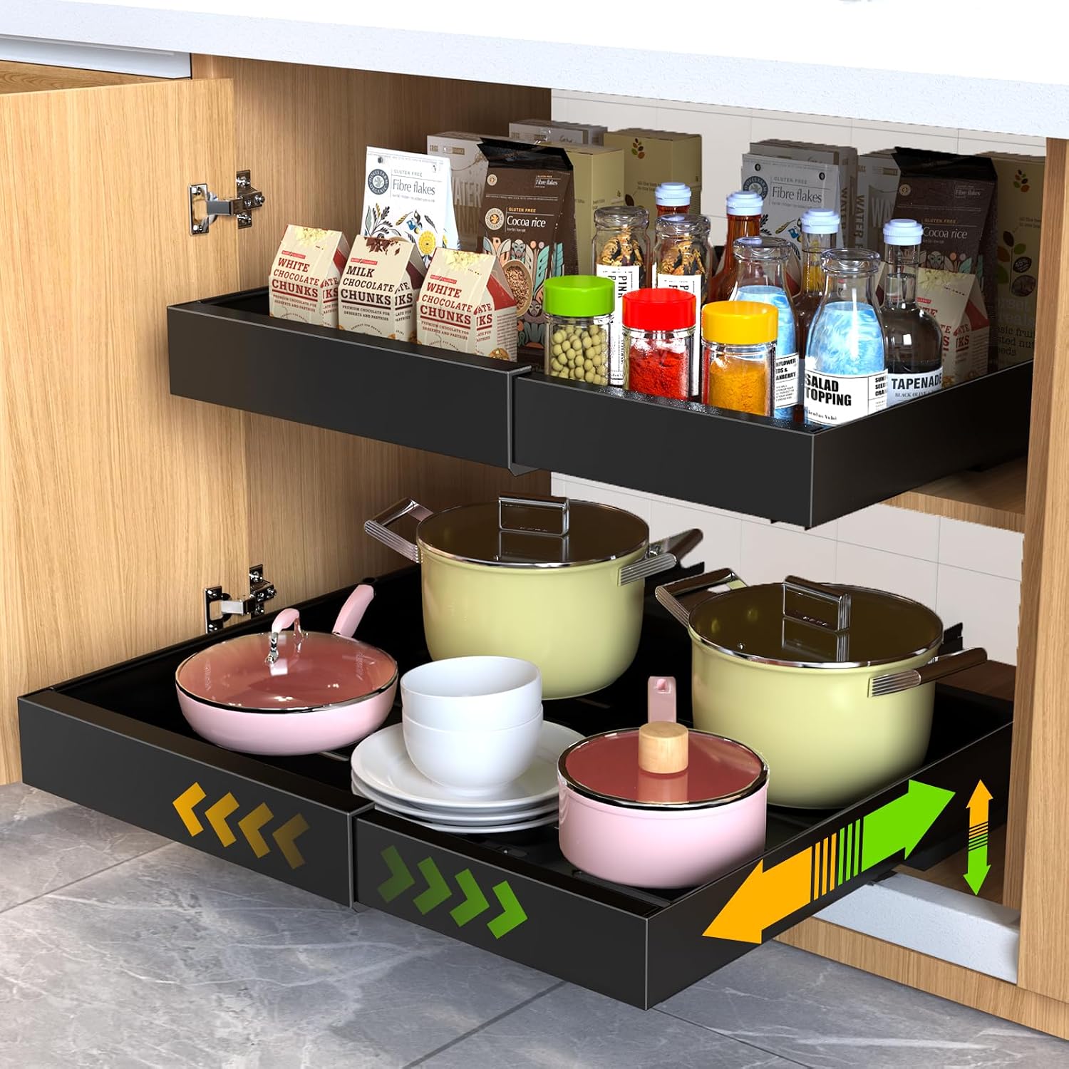 Mlinavn 2 Pack Pull Out Cabinet Organizer,21″ Deep Slide Out Drawer Organizers,No Drill Pull Out Drawers Adhesive with Nano Compatible Framed Cabinets Shelves for Kitchen Pantry Adjustable Width