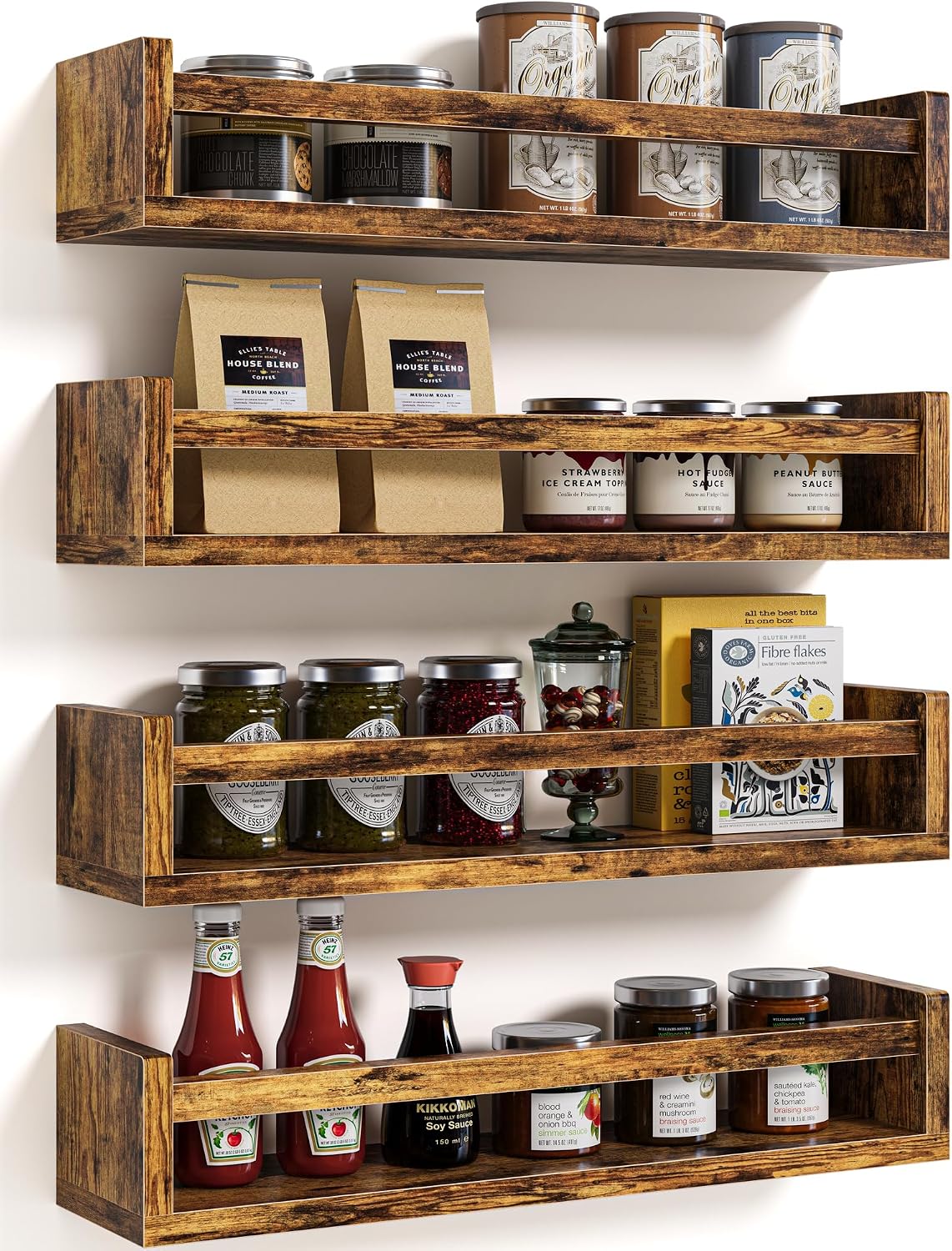 Spice Rack Wall Mount – 4-Pack Wooden Hanging Spice Rack for Wall – Rustic Wood Spice Wall Rack for Kitchen Seasoning Organization (4, Rustic Brown, 15.7 Inches)
