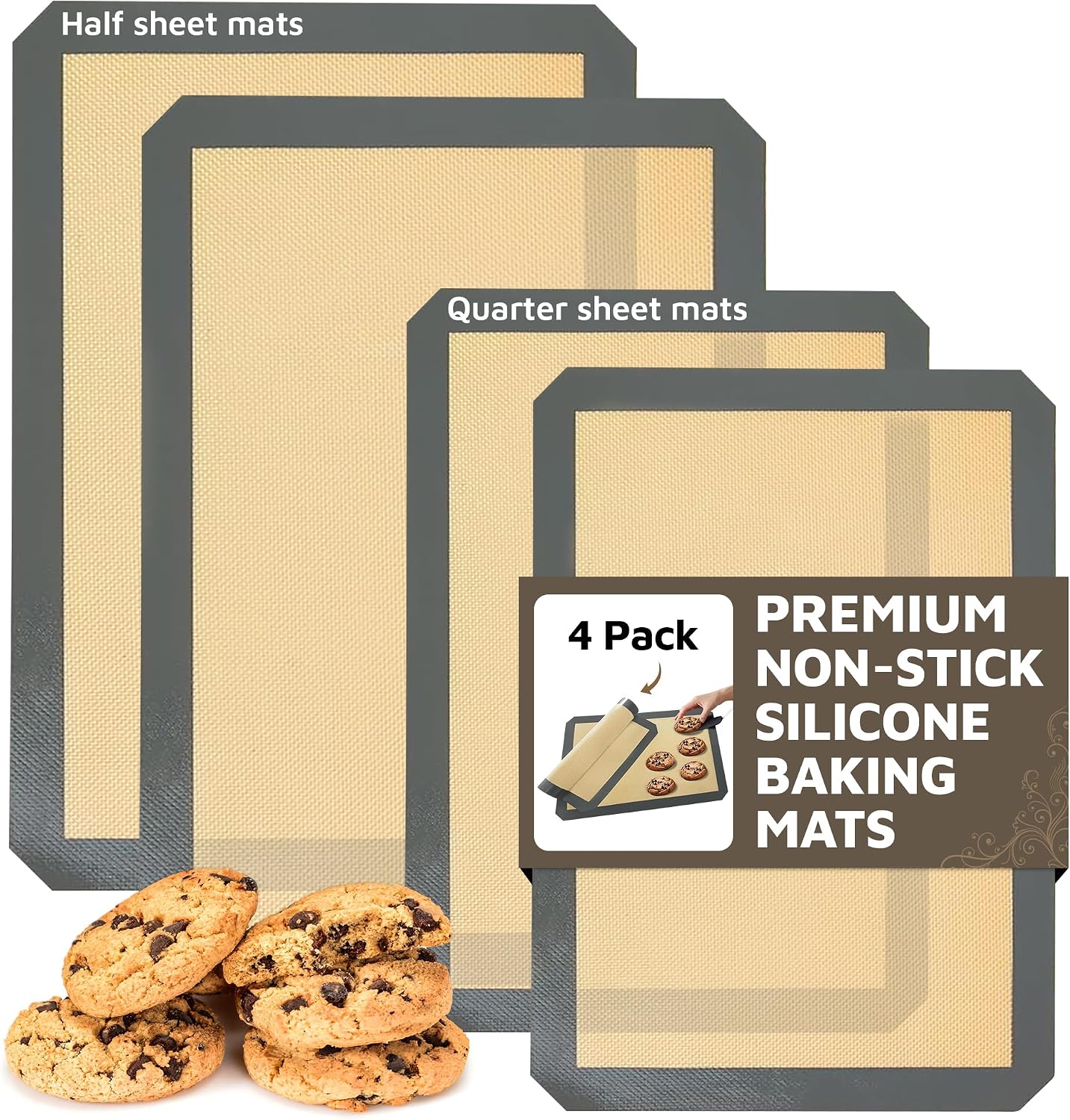 4 Pack Silicone Baking Mat Nonstick 2 Half and 2 Quarter Size – 1/4 Silicone Cookie Sheets for Baking Macaron Cookie Set of 2-2 Pack Thick Heavy Duty Reusable Mats Half Sheet for Kitchen Counter
