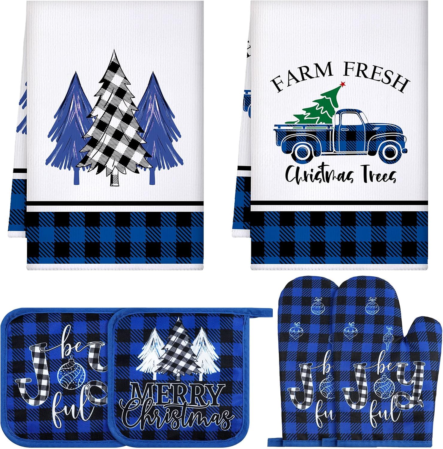 Leinuosen 6 Pieces Christmas Kitchen Set Dish Hand Towels Pot Holders and Oven Mitts Set Tea Towels Non Slip Heat Resistant Oven Gloves for Xmas Kitchen Cooking Baking Grilling(Xmas Tree)