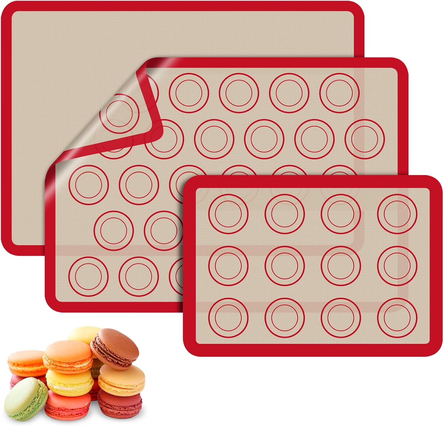 Macaron Silicone Baking Mats, 3 PCS Non Stick Macaroon Mat Silicone for Macarons, Cookie, Pastry, Red