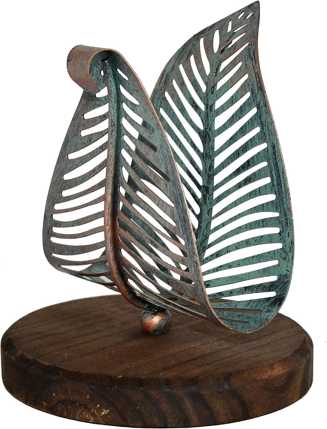 OwlGift Freestanding Modern Napkin Holder w/Golden Turquoise Metal Leaf & Brown Wooden Base Design, Tabletop Tissue Dispenser, Napkin Storage Organizer