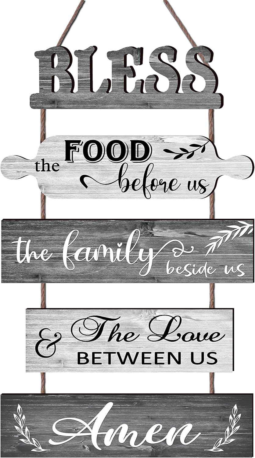 Buecasa Bless the Food Before Us Farmhouse Kitchen Wall Decor – Dining Room Decorations Collage Art in White Grey Color – Wooden Rustic 5pcs Roped Sign 13×24 Inches Vertical