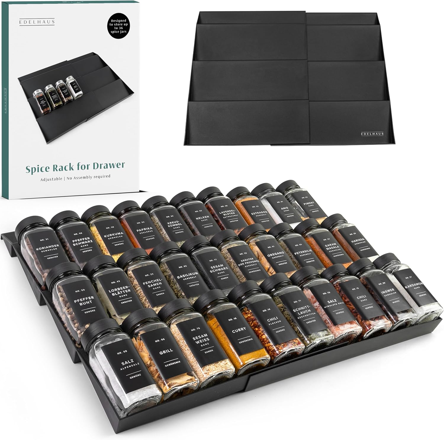 EDELHAUS Spice Drawer Organizer – Expandable Spice Rack for Drawer, Black Seasoning Organizer for Drawer Spice Organizer, Spice Organization Seasoning rack insert for Cabinet (Jars Not Included)