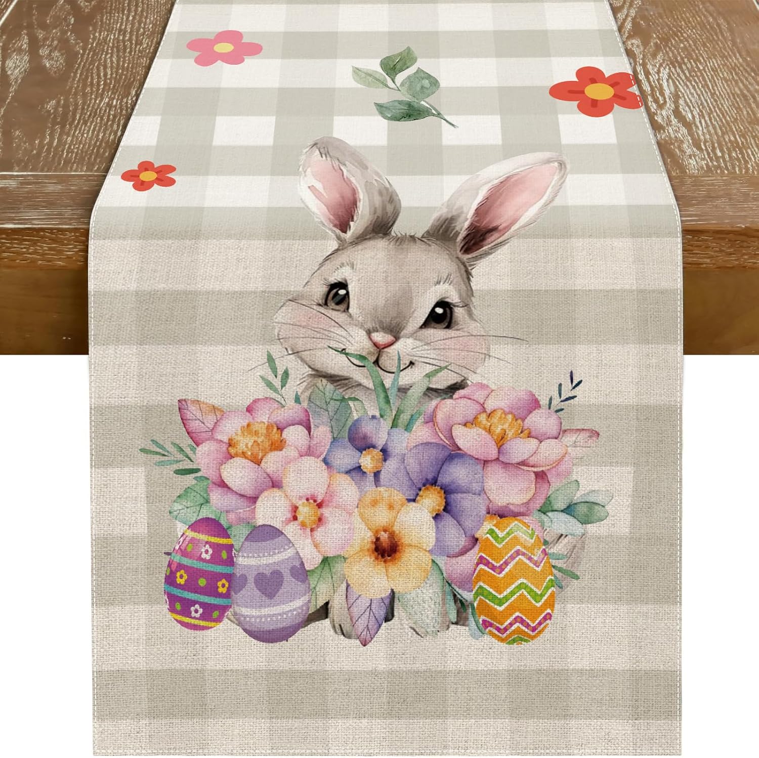 Easter Table Runner 13×72 Inch Bunny Rabbit Flowers Leaves Buffalo Plaid Eggs Seasonal Holiday Kitchen Dining Table Decoration for Indoor Kitchen Dining Home Party Decor