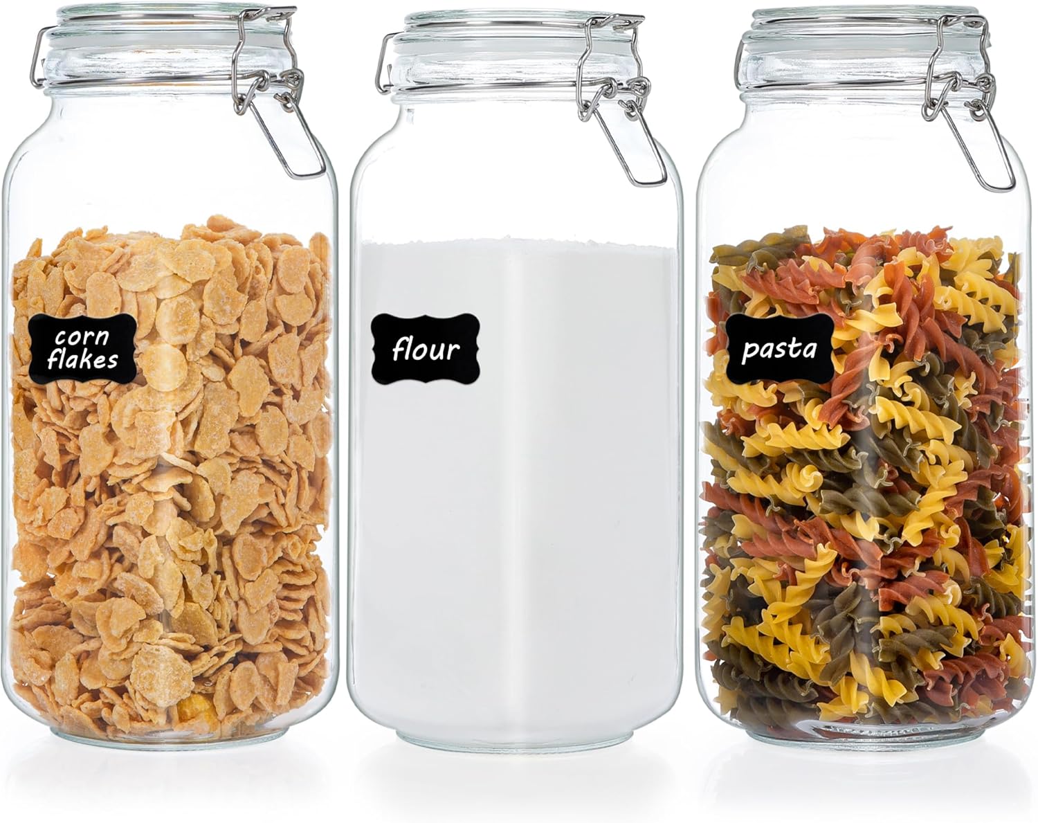 Vtopmart 78oz Glass Food Storage Jars with Airtight Clamp Lids, 3 Pack Large Kitchen Canisters for Flour, Sugar, Cereal, Coffee, Pasta and Canning, Square Mason Jars with 8 Reusable Labels