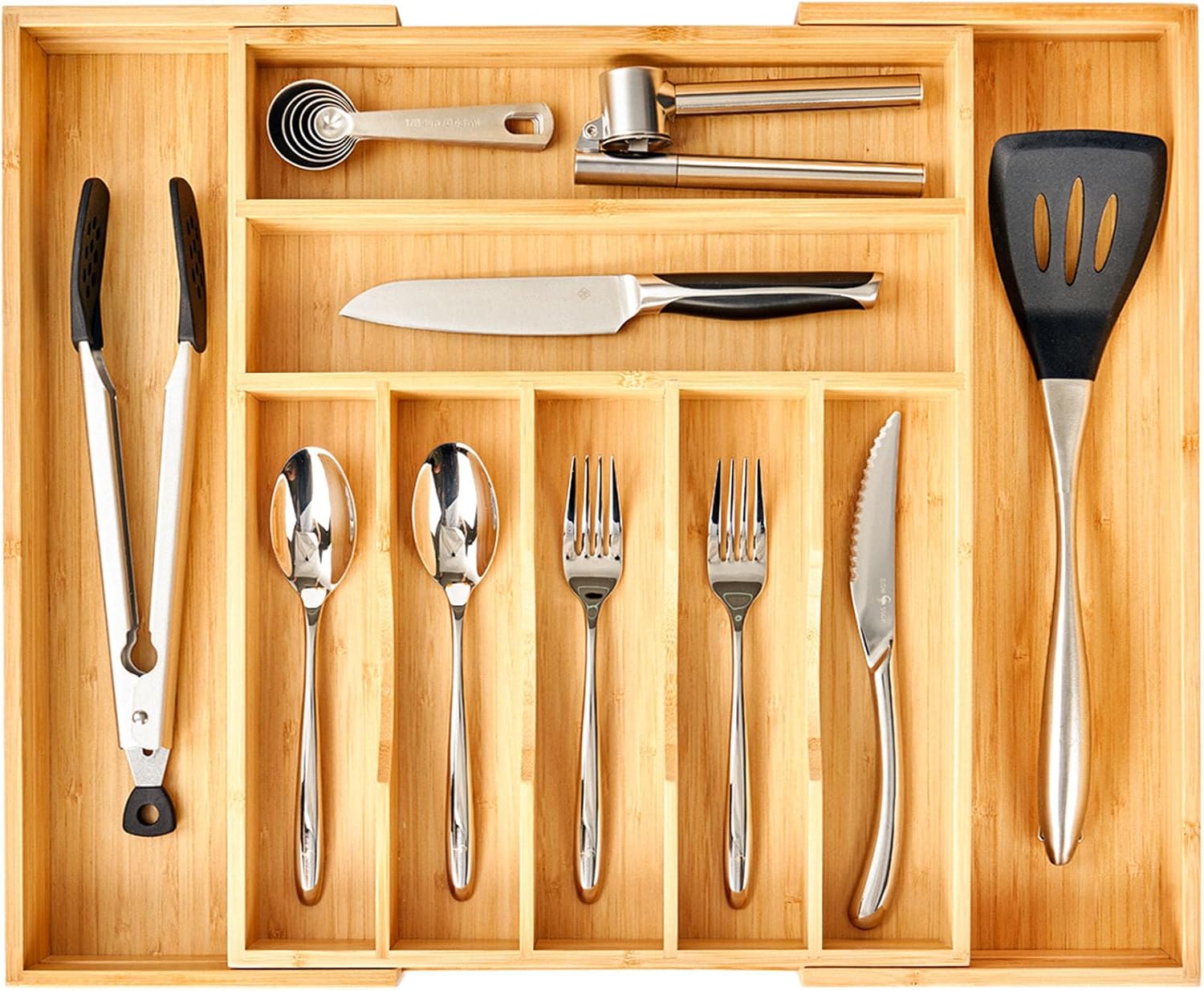 Umilife Large Expandable Kitchen Silverware Utensils Drawer Organizer, 2.5″ Extra High Adjustable Drawer Divider with Curved Grooves, Bamboo Wood Cutlery Tray Flatware Holder