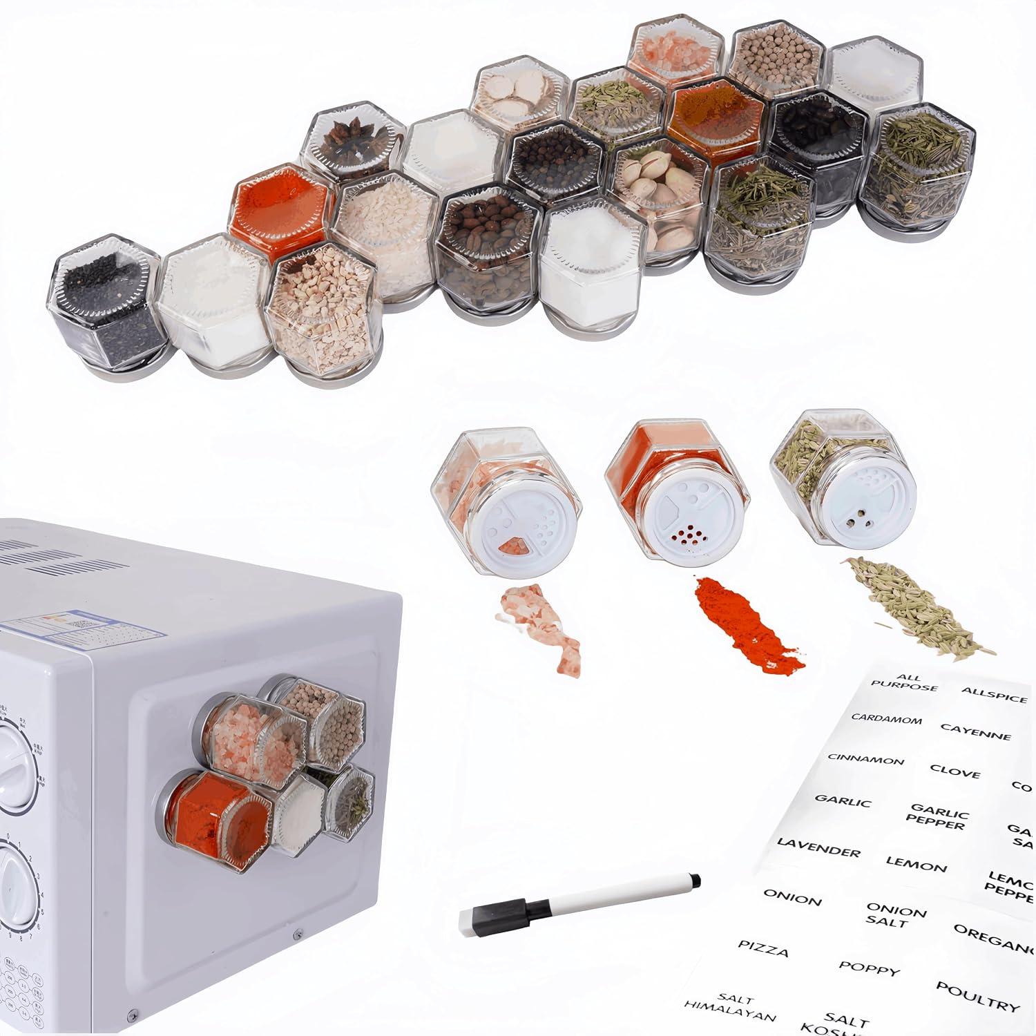 Set of 20 Magnetic Spice Jars for Refrigerator, Glass Small Hexagon Magnet Seasoning Containers with Labels, shaker Lids, Fridge Magnetic Spice Rack Organizer with Jars