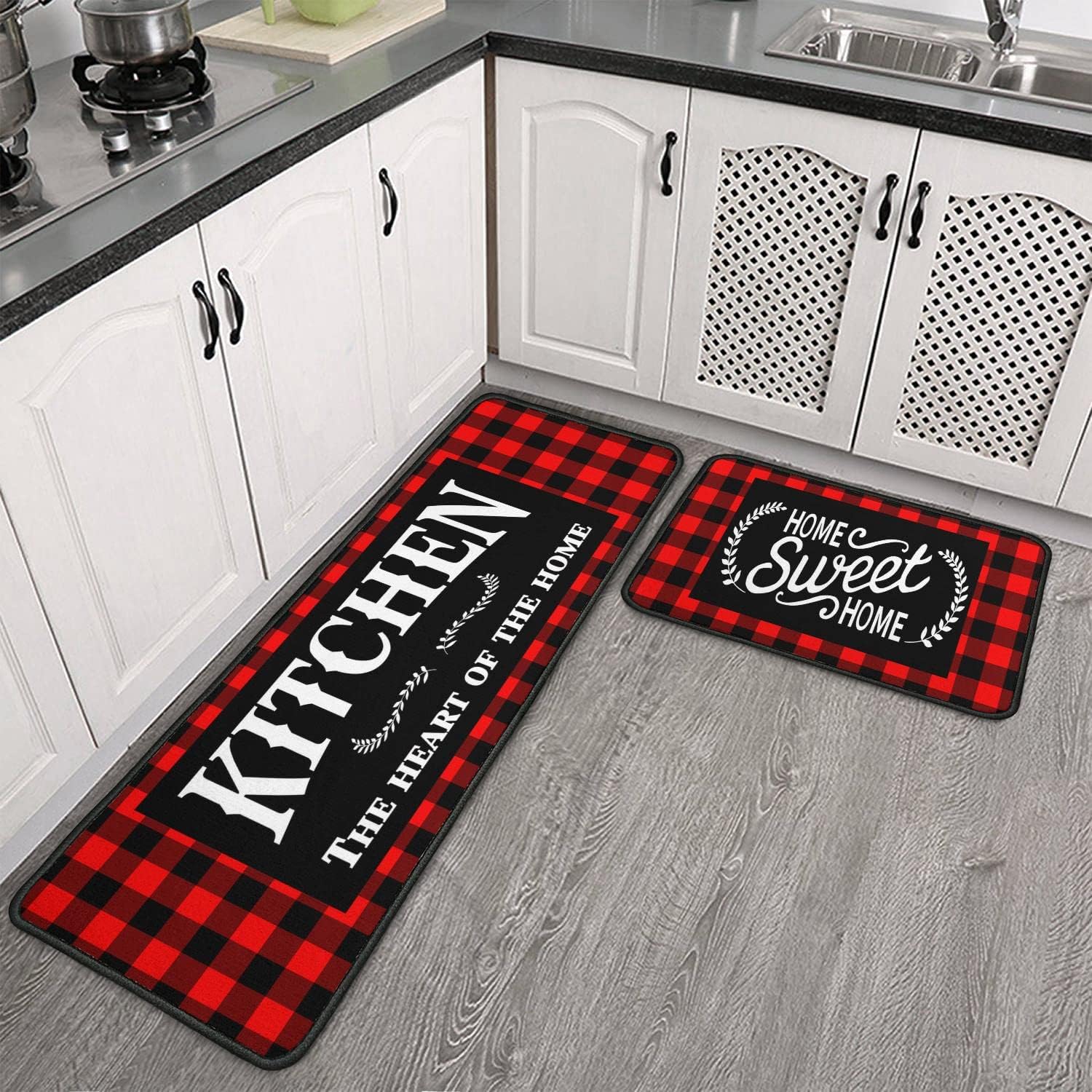 Framhouse Kitchen Rugs and Mats Set of 2, Black and Red Buffalo Plaid Non-Slip Floor Mat for Home Kitchen Christmas Decor – 17×29 and 17×47 Inch