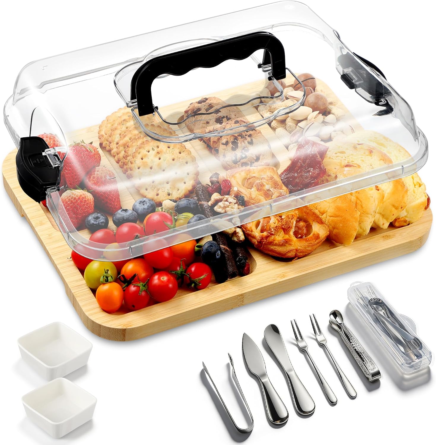 Kochorie 10 Pieces Portable Bamboo Cheese Board Set Charcuterie Board with Lid and Handle, Knife Set Meat Fruit Serving Tray Platter for Travel Picnic Kitchen House Warming Gifts (Rectangular)