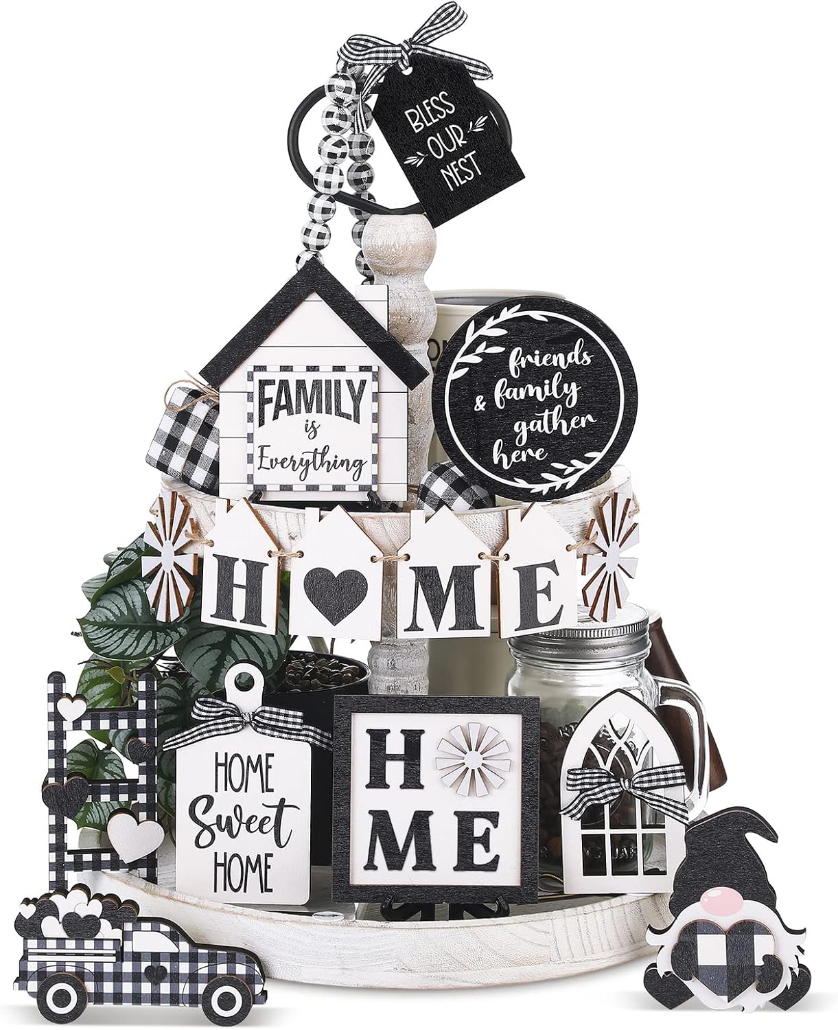 Kajaia 15 Pcs Farmhouse Tiered Tray Decor Home Rustic Wooden Sign Farmhouse Tiered Tray Decoration Black White Table Centerpiece Vintage Rustic Decor for Home Kitchen Table Party