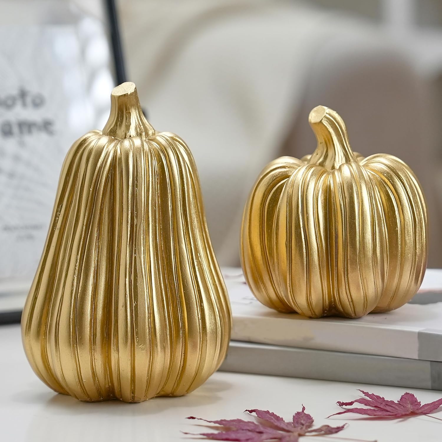 FESTGLOX Gold Pumpkin Decor with Stripes, 2Pcs Resin Pumpkins for Decorating, Decorative Pumpkins for Fall Tabletop Decoration, Indoor Home, Autumn Kitchen, Thanksgiving Mantel Decor