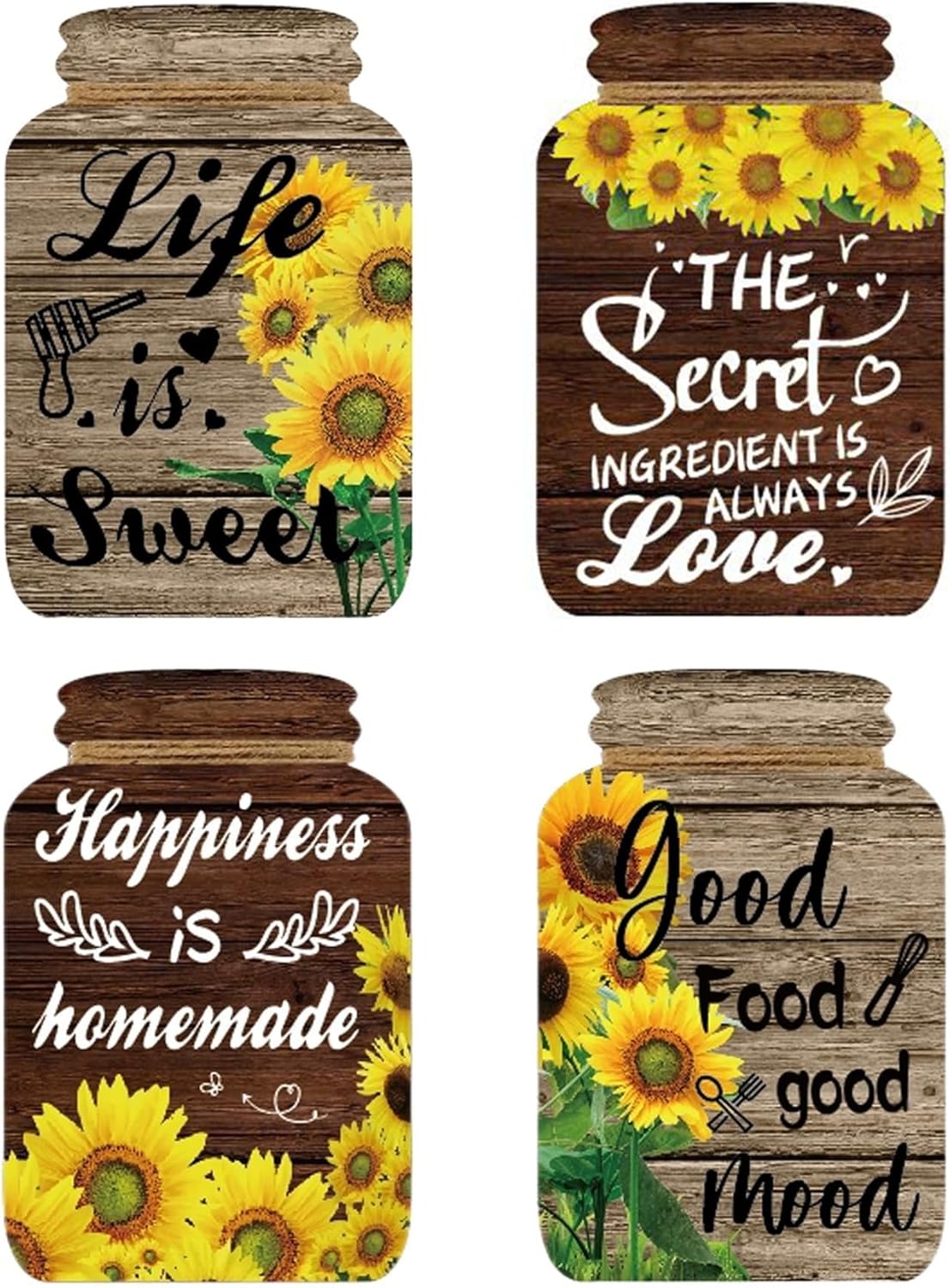 4 Pieces Kitchen Wall Decor Mason Jar Set, Wooden Kitchen Dining Room Signs Country Wall Art Farmhouse Tiered Tray Decor 7.1 * 4.7Inch (Sunflower)