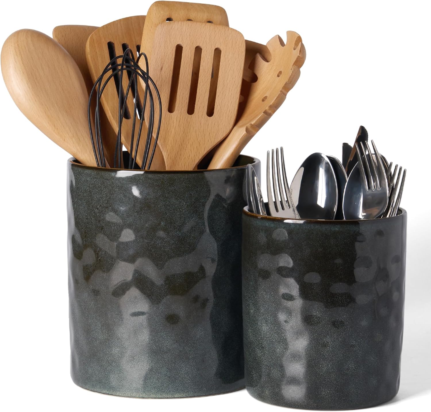 famiware Ceramic Utensil Holder, 7.2″+5.8″, Set of 2, Deep Forest | Cooking Utensil Crocks, Organizer for Spatula & Spoon, Kitchen Decor, Countertop Storage, Stable and Non-Slip, Reactive Glaze