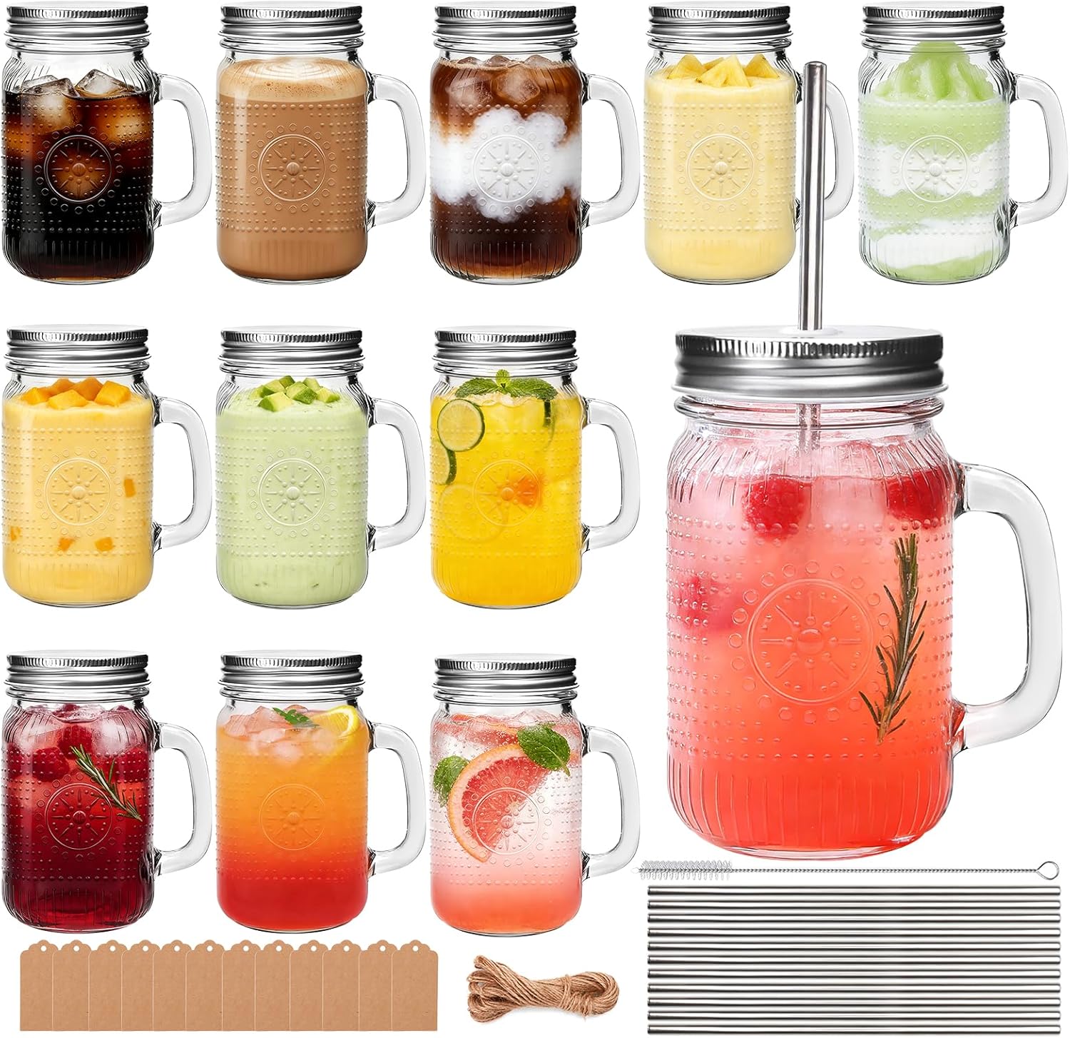 Mason Jar Cups with Handle 16 oz, Vintage Glass Cups with Lids and Straws, Reusable Pint Drinking Jars for Iced Coffee, Smoothies, Juice, Food Storage,12 Pack