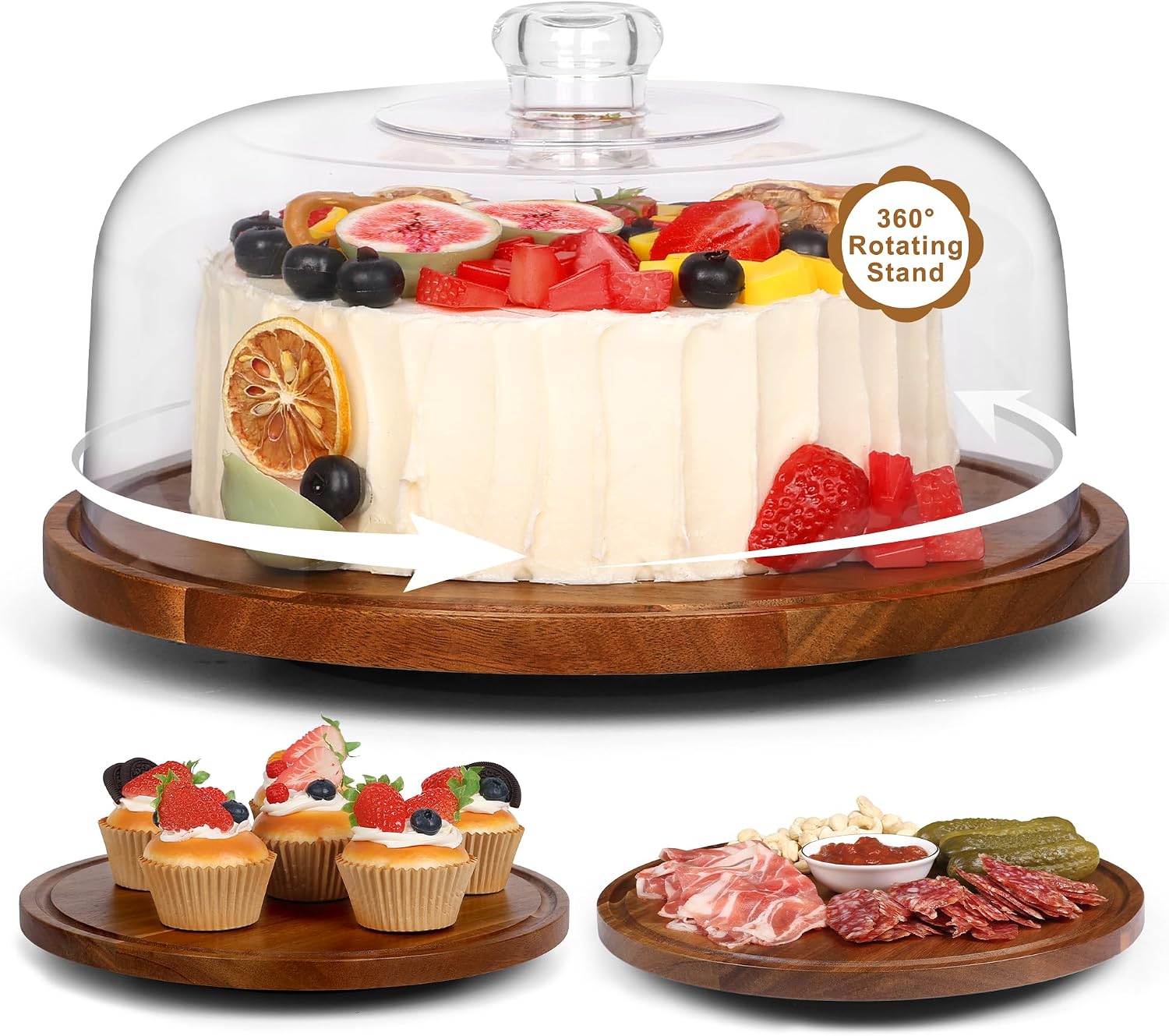 Bellsal Cake Stand with Dome Lid, 12in Acacia Wood Cake Plate with Cover, Wooden Cake Display Stand with Acrylic Dome, Cake Decorating for Baking Gift