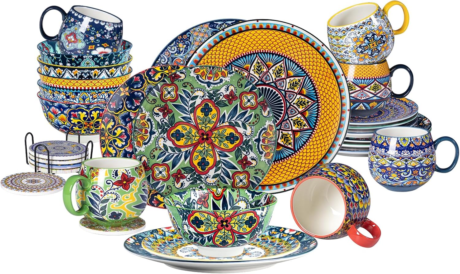 Boho Ceramic Dinnerware Bundle Set for 6 – 20oz Coffee Mugs, 24oz Bowls, 10.5″ Dinner Plates, 8.5″ Salad Plates & 6 Coasters – Colorful Hand-Painted Porcelain, Microwave & Dishwasher Safe