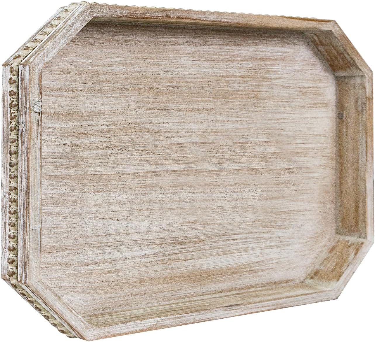 Wooden Decorative Tray, Rustic Serving Tray with Wood Bead, Farmhouse Big Tray for Ottoman, Countertop, Coffee Tabl, 16.5″ x 13″x 1.6″ (White Washed)