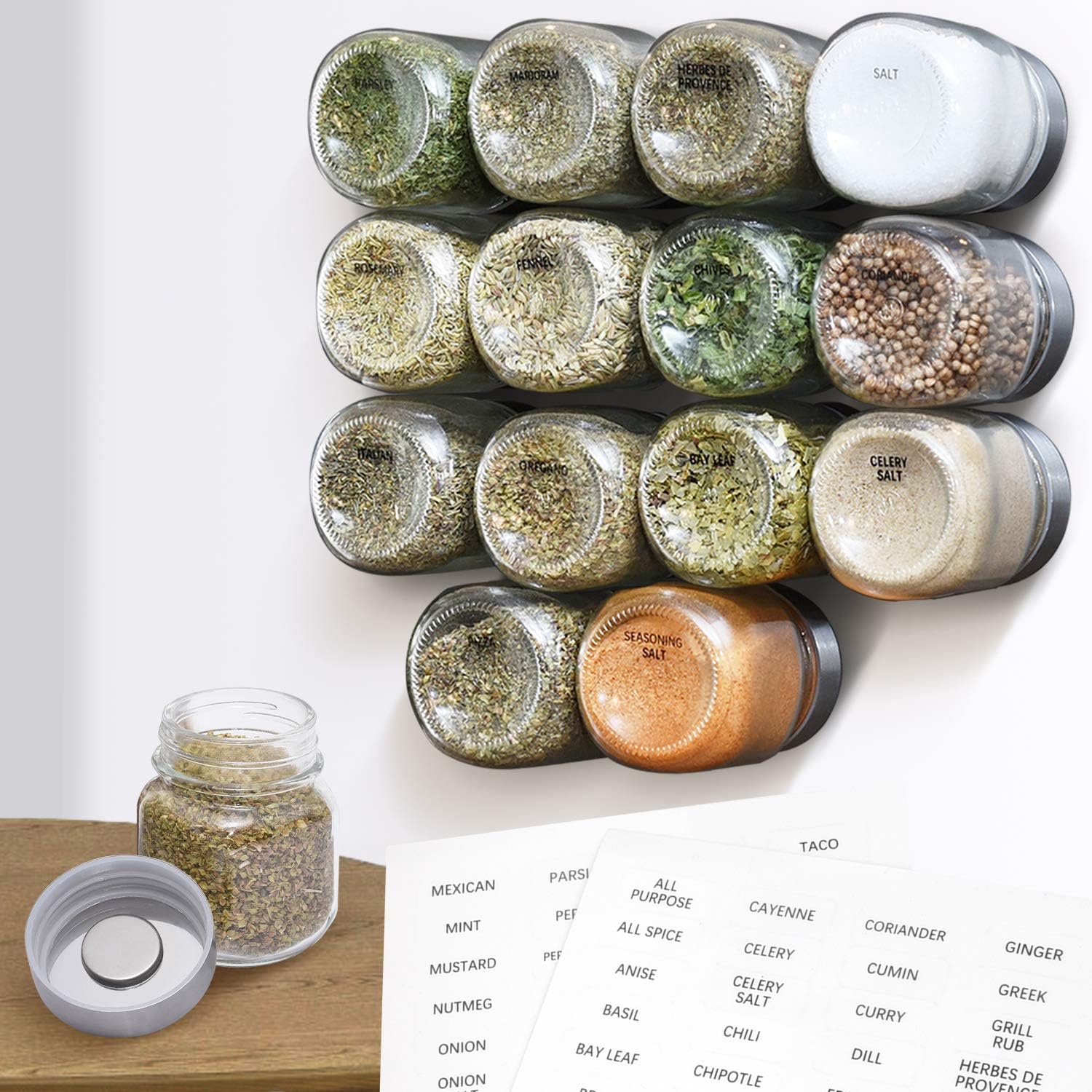 IMPRESA Clear Glass Magnetic Spice Jars – 15-Pack, 4 Oz, 60 Labels – Magnet Spice Jars for Refrigerator with Magnet Lids – Magnetic Herb Storage Organizer