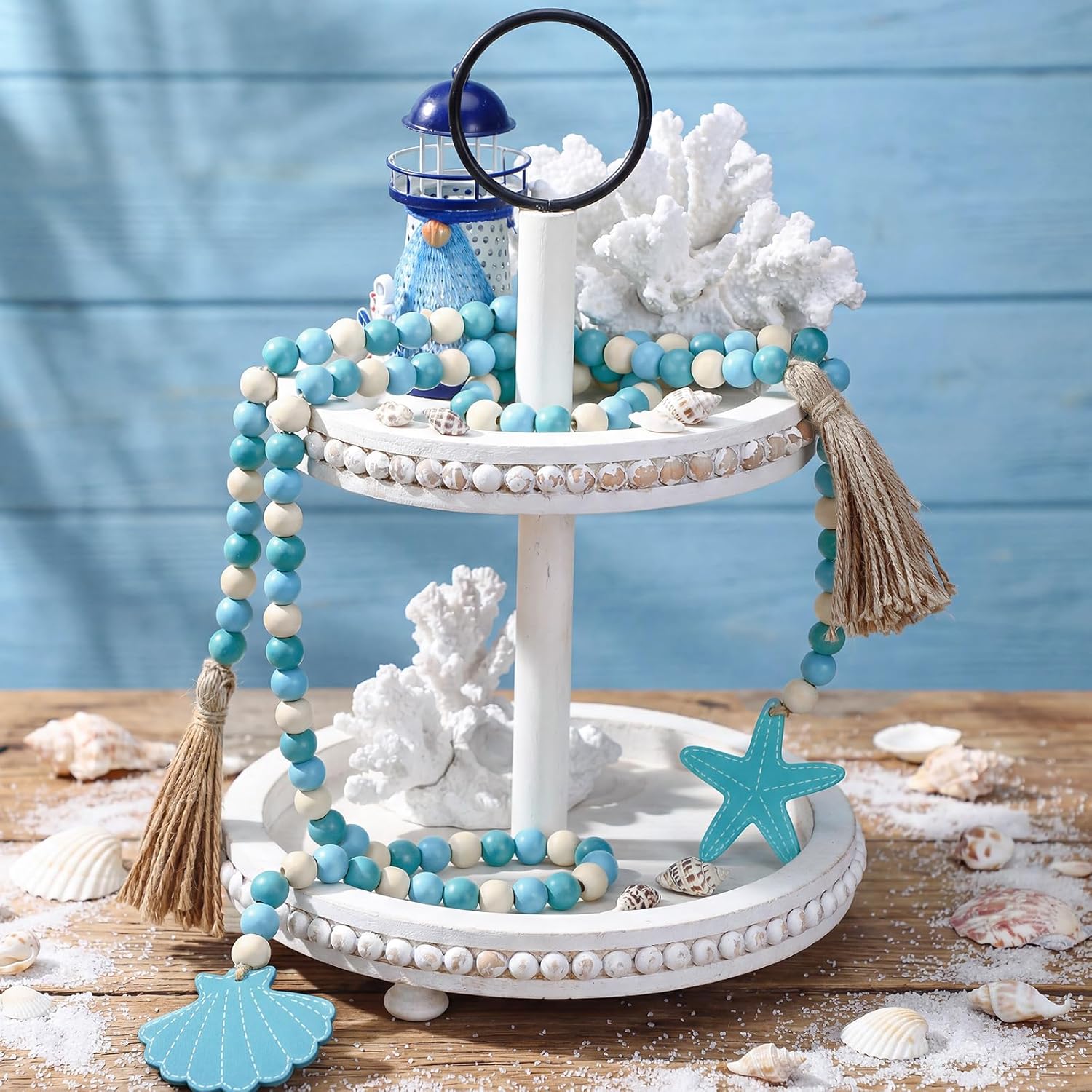 Janinka 2 Pcs Farmhouse Seashell Bead Garland with Tassels Decorative Beads Decor Nautical Farmhouse Tiered Tray Decorations Set Coastal Garland for Home and Kitchen, Wooden Beads (Blue)