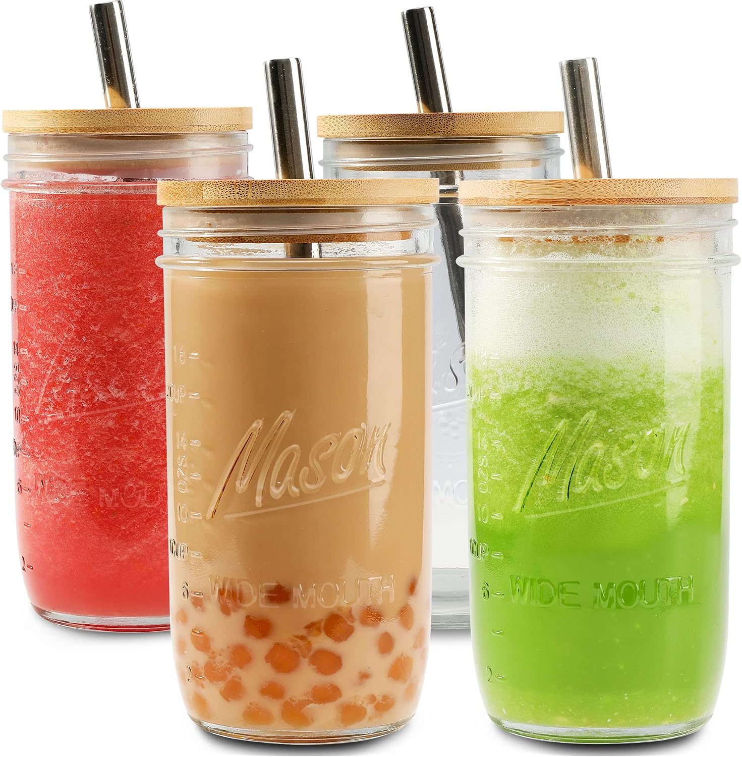Mason 4 Pack Reusable Tea Cups, Glass Jars 24oz Wide Mouth Smoothie Cups with Bamboo Lids and Silver Straws, Drinking Glass Bubble Tea Cups for Iced Coffee Travel Bottle