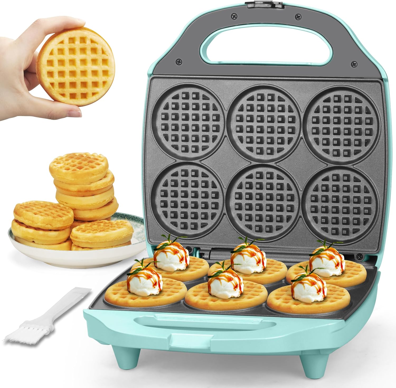 Baker’s Friend Multi Mini Waffle Maker Machine, 6 x 3” Small Waffle Iron, Perfect for Families and Individuals Use, Excellent Choice for Breakfast Brunch Parties & Events, Aqua