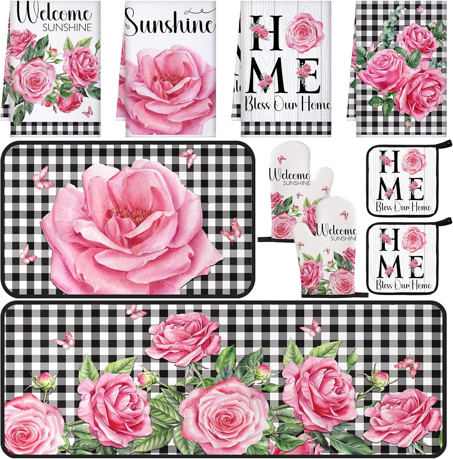 Fourluoo 10 Pcs Kitchen Set Kitchen Towels and Rugs Oven Mitts and Pot Holders Farmhouse Decor for Women Mom Gift Cooking Baking Grilling