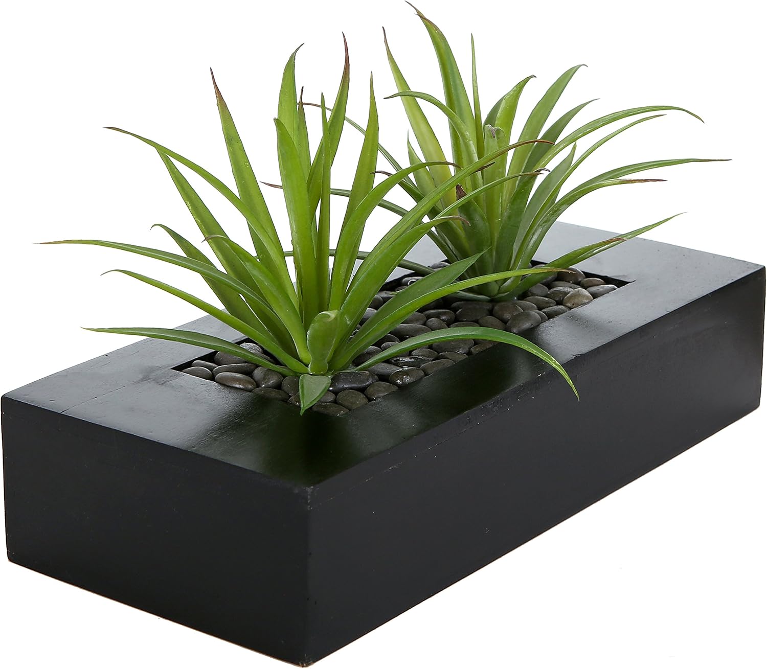 MyGift 10 Inch Fake Grass Artificial Plants in Rectangular Black Wood Planter – Faux Plants Indoor for Tabletop Centerpiece Décor